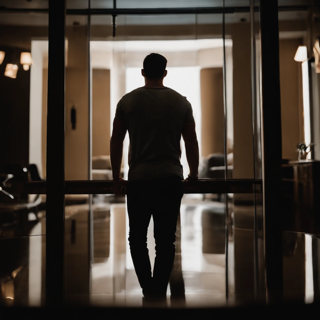 Homem adulto de 28 anos com o corpo molhado, banheiro ao fundo, backview, qualidade 8K, foco nítido, textura real da pele, foto RAW