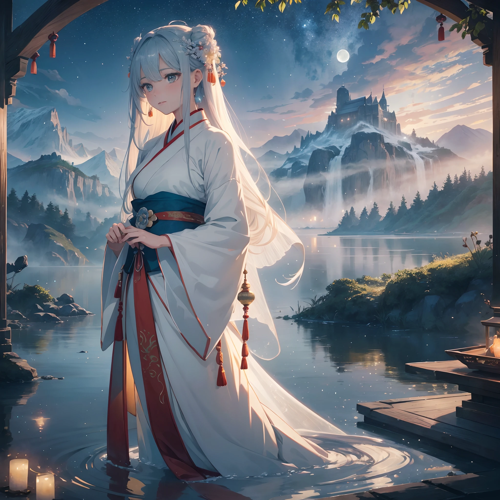 (a fairy floating in the clouds wearing exquisite Hanfu),moonlight illuminating the scene with a gentle and mysterious glow,surrounded by majestic mountains and mist, a picturesque lake reflecting the silver moonlight, the air filled with a subtle floral fragrance. The fairy has long flowing hair and eyes twinkling with stars, holding a bright jade ruyi. The ambiance is like a magical realm, giving off an otherworldly and enchanting feeling of tranquility and beauty. (best quality, highres, HDR),ultra-detailed,realistic, an art style reminiscent of traditional Chinese paintings, vibrant colors with a touch of ethereal and dreamy tones. The lighting is soft and diffused, casting a warm and enchanting atmosphere. --auto