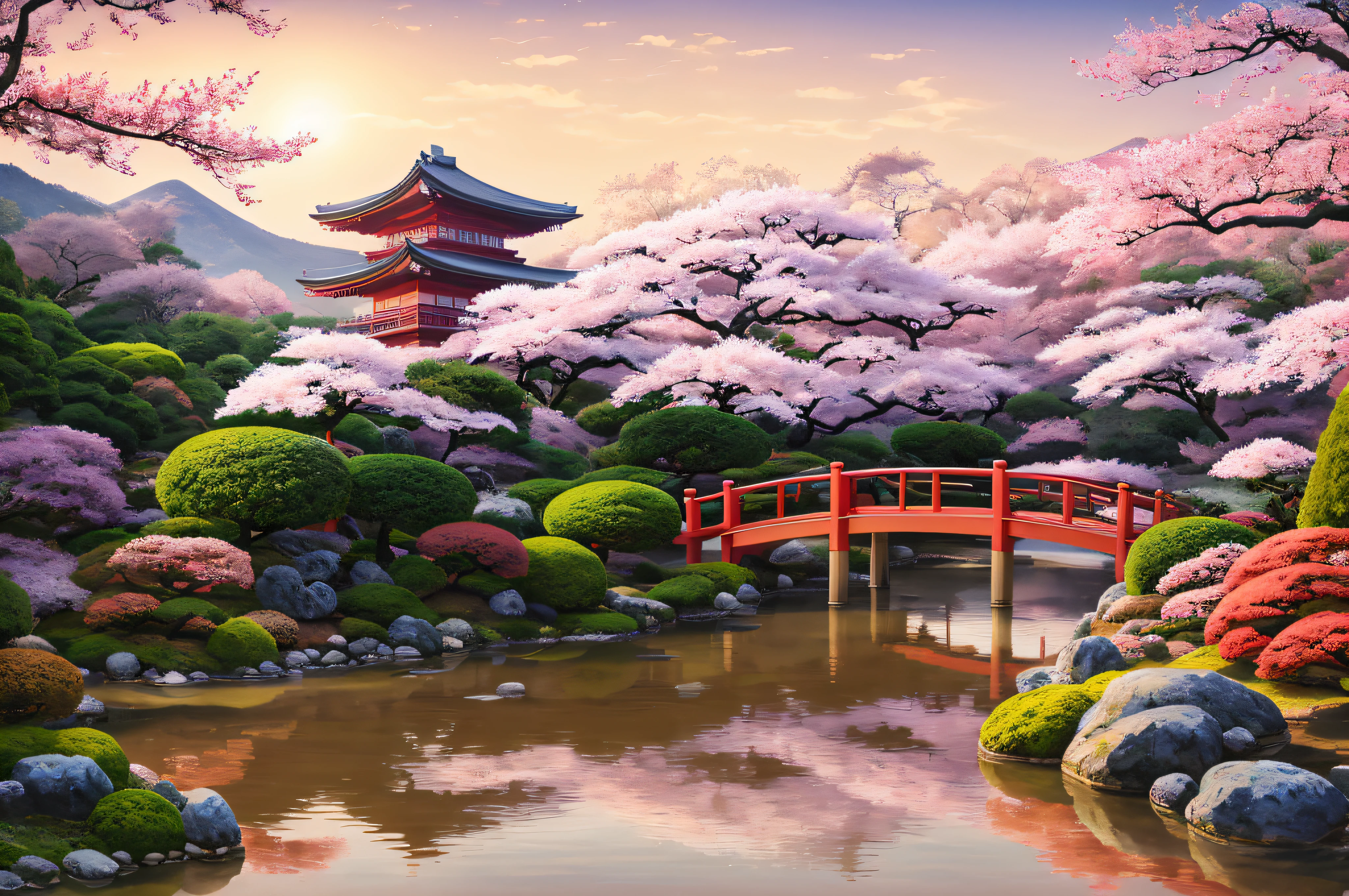 (digital painting),(best quality), serene Japanese garden, cherry blossoms in full bloom, koi pond, footbridge, pagoda, Ukiyo-e art style, Hokusai inspiration, Deviant Art popular, 8k ultra-realistic, pastel color scheme, soft lighting, golden hour, tranquil atmosphere, landscape orientation