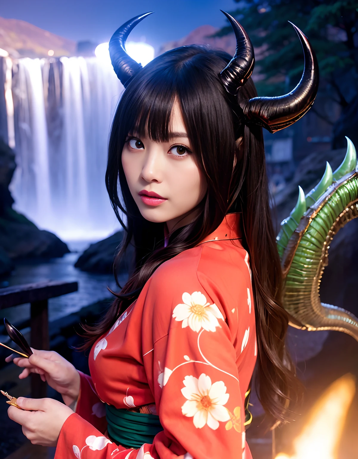 (((Fierce battle with aliens))),Professional , masterpiece、top-quality、photos realistic , depth of fields 、(sexypose)、(Black maple on the background of full bloom),(Ultimate Beauty)、A dark-haired、Mystical expression、(shrine background)、(Kimono with beautiful pattern)、(Night background)、Beautiful hair ornament on the head、,(intense fighting),((Precipitous cliffs)),(Wear a beautiful kimono),(Wear a beautiful kimono with colorful floral patterns)、(Japan Castle Background)、Jewel Gold Weapon、Particles of light),(intense fighting)、Gorgeous gold weapons ,Castle background、(( Gorgeous Dragon Sword)) , (a dark night),,(maikurobikini) 、((Black Haired Beautiful Girl))、(Castle background)、(demonic wings)、((Gangle's forest background))、Beautiful Caucasian beauty、1a person、dynamic ungle,(((Two devil's horns on the head)))、Smaller head、Idle Smile、Thin and beautiful female hands、Mystical expression、Light Effects、intense fighting、Wind-effect、magic circles、With the legendary magic wand、Dragon's tail、Anatomically correct fingers、