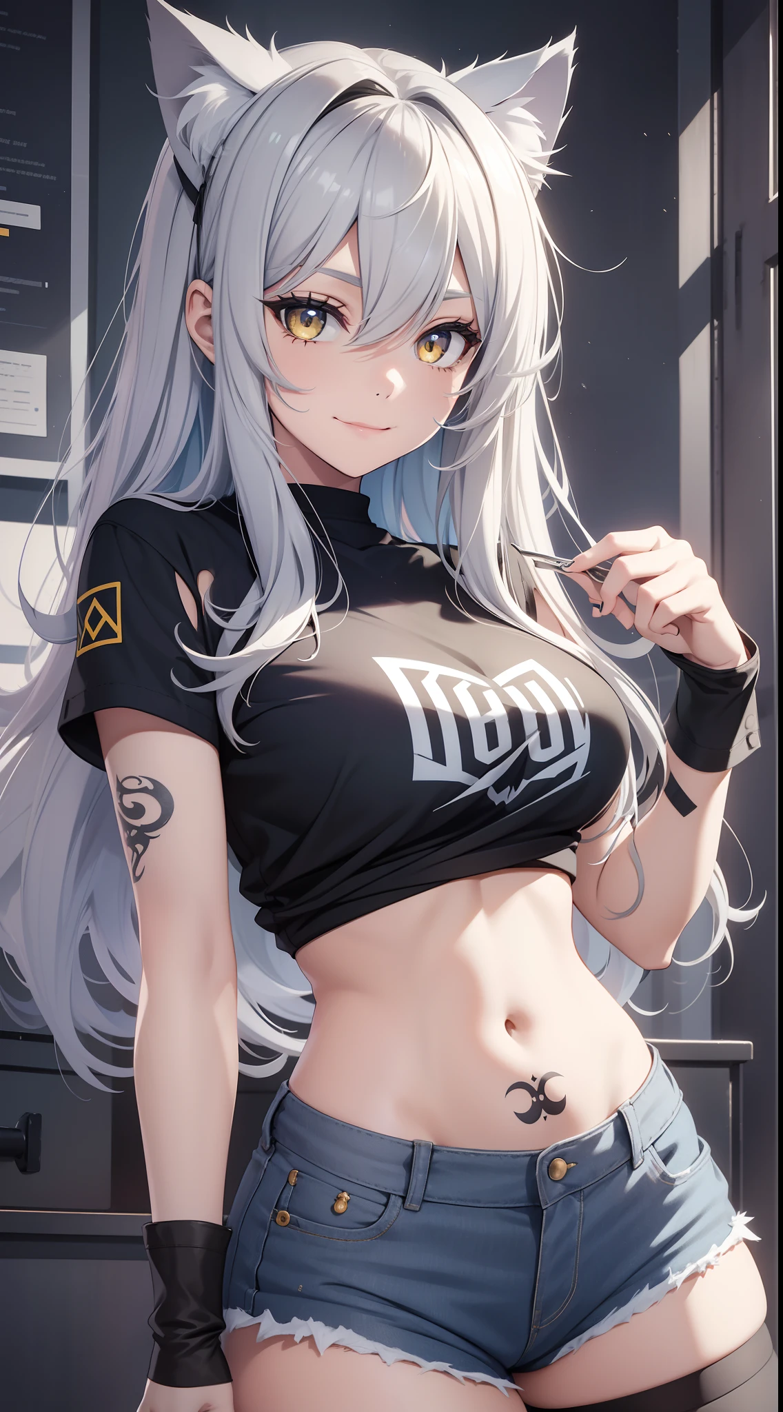 young girl, long gray hair, cat ears, Yellow eyes, Smile, tattoo, Tight blue fantasy shirt, open belly, Blue Fantasy Shorts, Masterpiece, hiquality, 4k, HD, Good detail