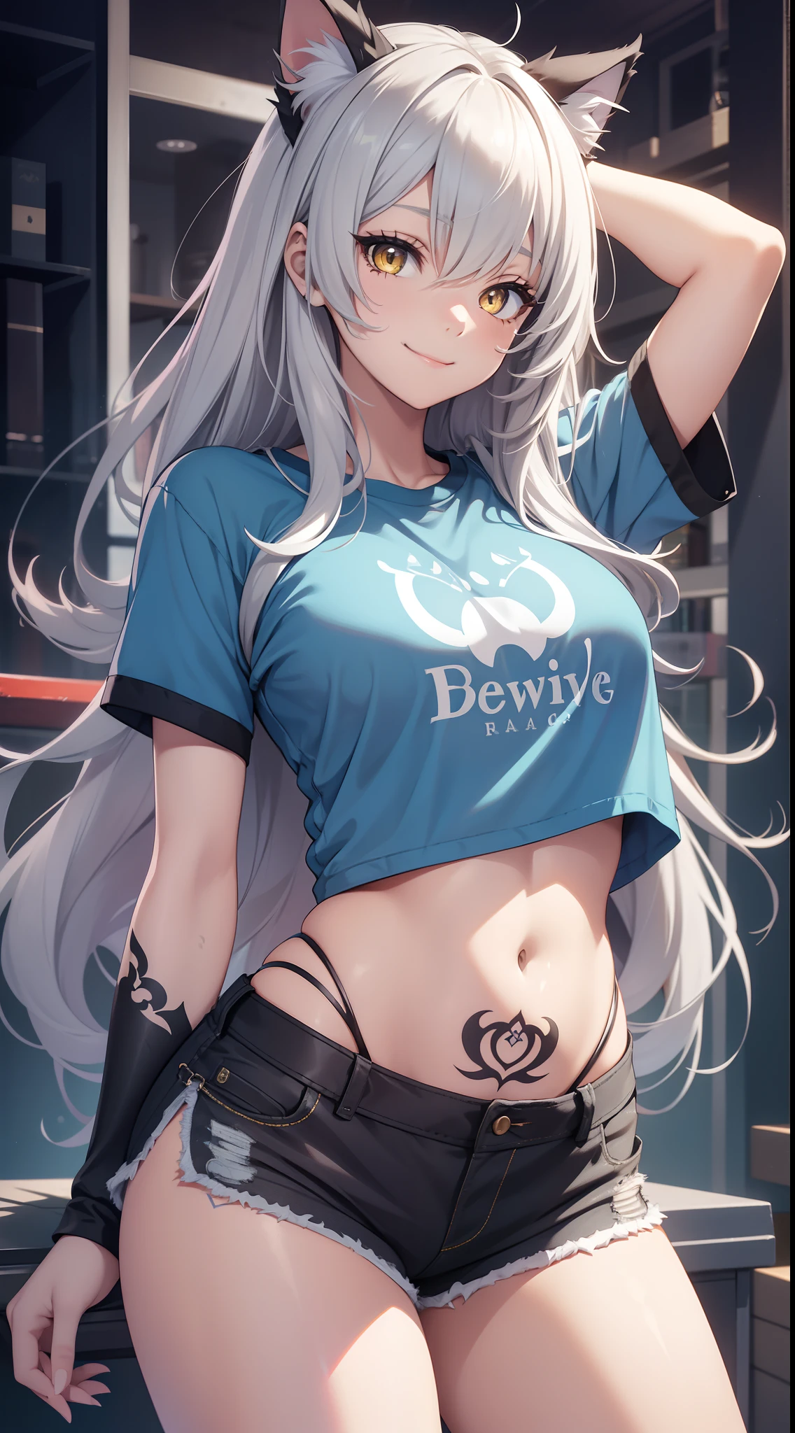 young girl, long gray hair, cat ears, Yellow eyes, Smile, tattoo, Tight blue fantasy shirt, open belly, Blue Fantasy Shorts, Masterpiece, hiquality, 4k, HD, Good detail
