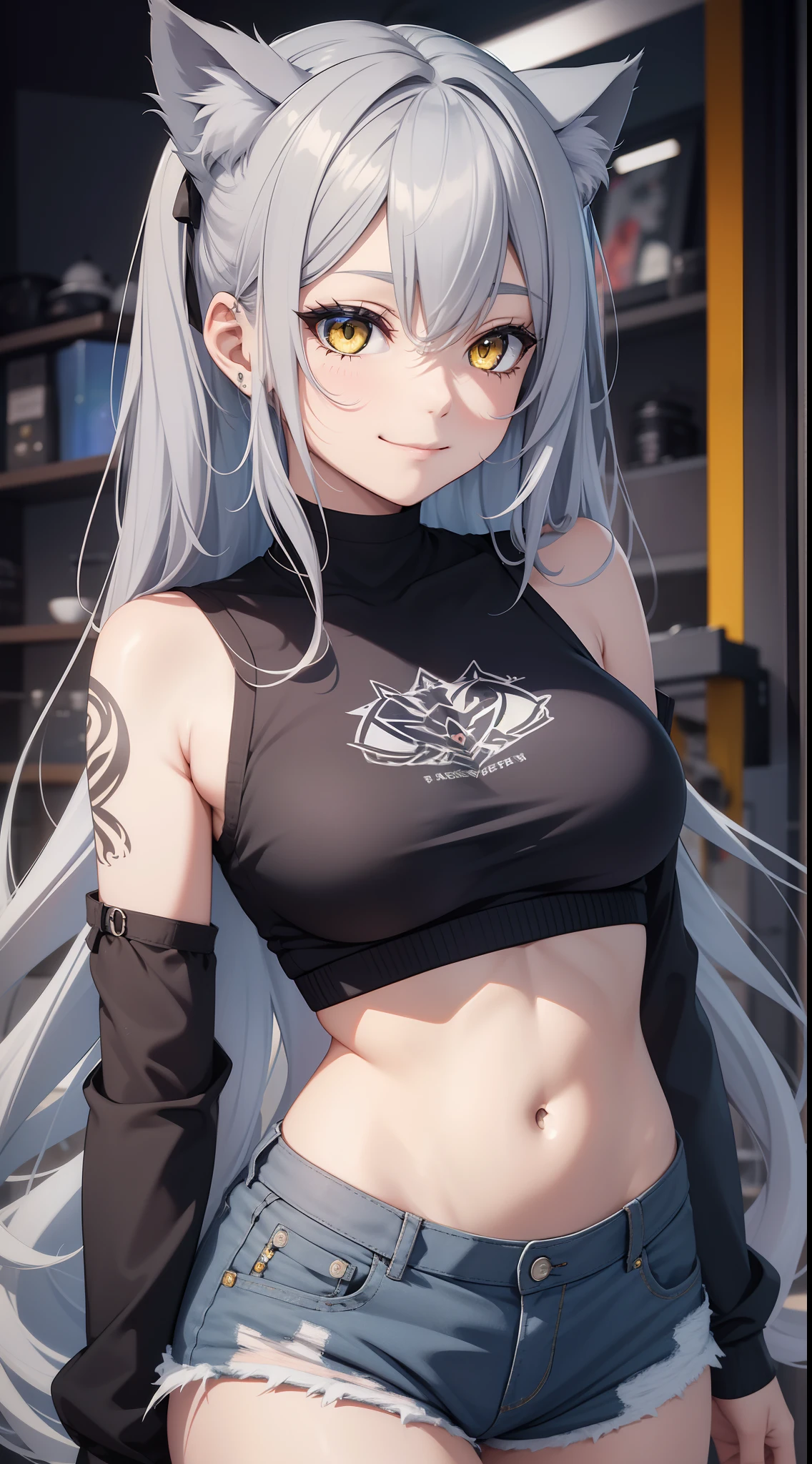 young girl, Long white hair, Cat's ears, Heterochromia, Yellow left and blue right eyes, tight turquoise top, Sleeveless, Shorts, open belly, White patterns on clothes, smirk, Daggers, Masterpiece, hiquality