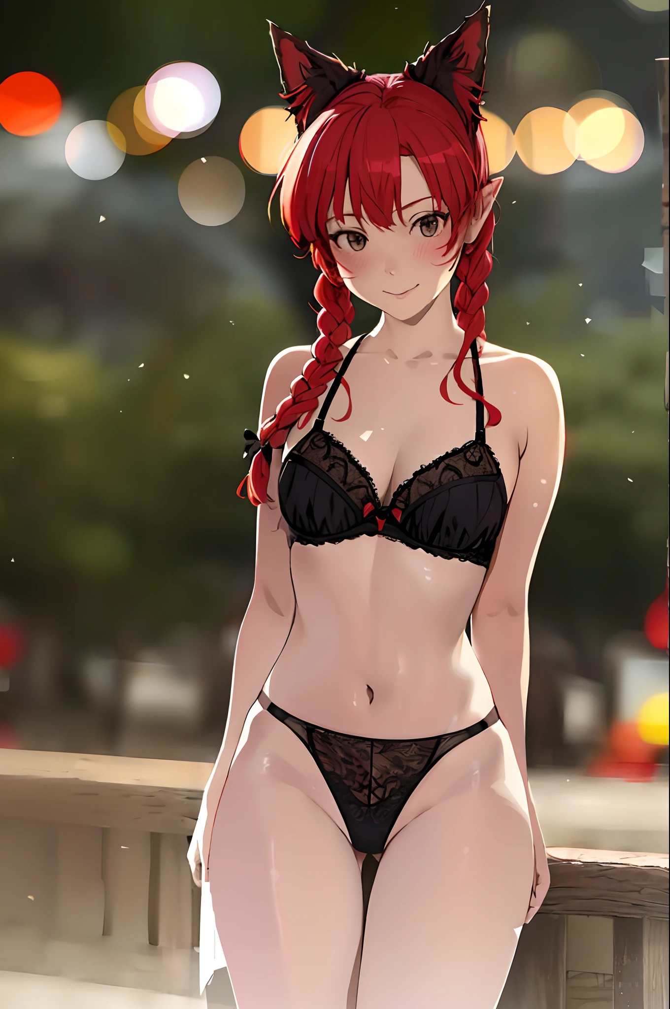 red hair, cat ears, double braids, pointed ears, bikini lingerie.
(best quality, 4k, highres, masterpiece:1.2), ultra-detailed, (realistic, photorealistic, photo-realistic:1.37), vibrant colors, soft lighting, bokeh, fine texture (hair, ears, lingerie), porcelain skin, graceful pose, shy smile, tropical beach background, sparkling ocean, sunny weather, gentle breeze.