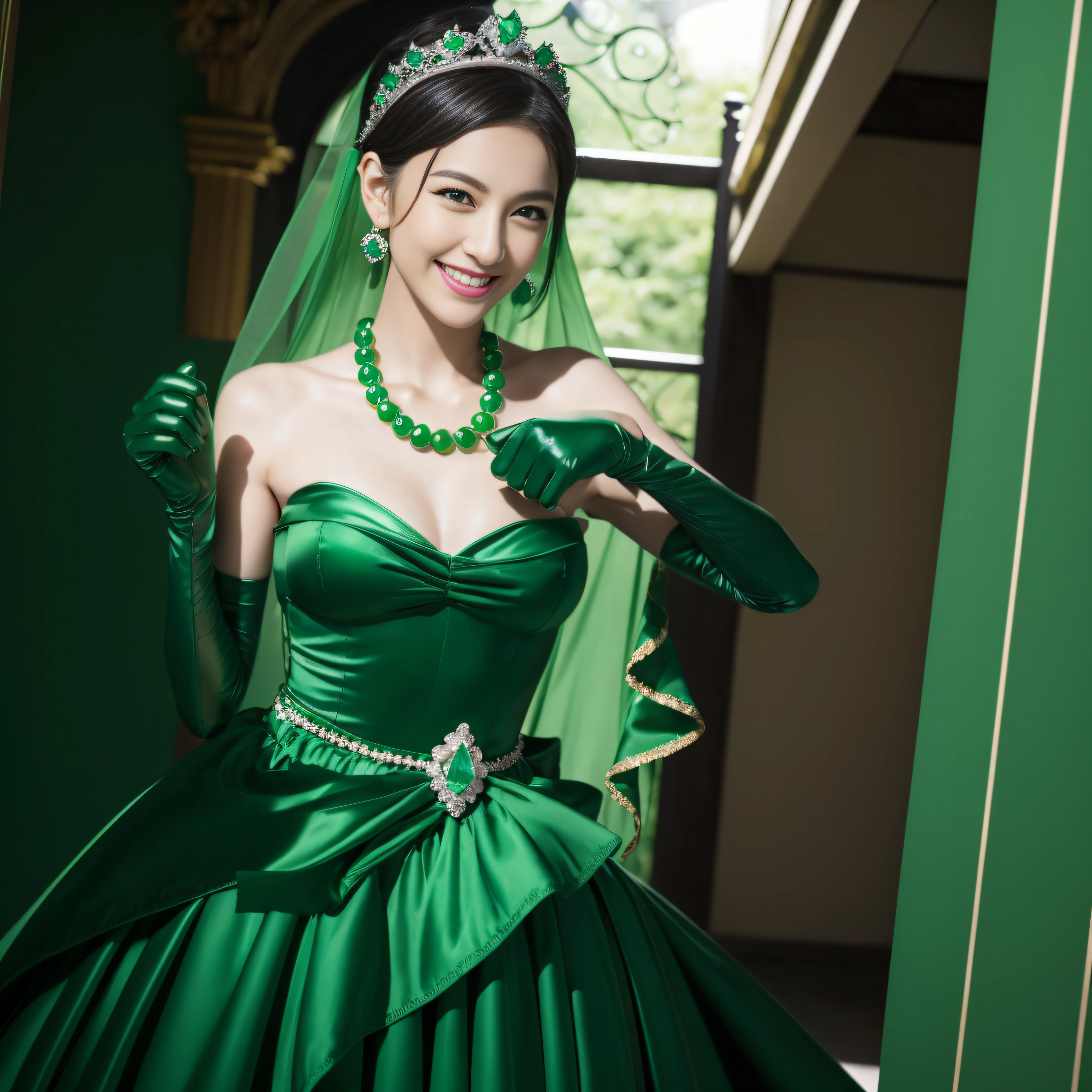 emerald tiara, Green Pearl Necklace, Boyish very short green hair, lipsticks, Japan woman smiling, very short short hair, fist, big breasts beautiful, Green eyes, Long green gloves made of satin material, Green eyes, Emerald Earrings, lesbian ,the kiss