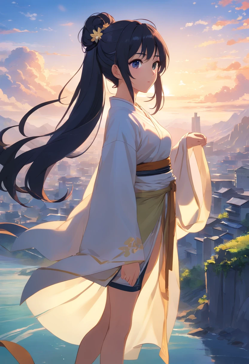 Black color hair,High ponytail curls,black big eyes,White silk hanfu,Aggrieved eyes,mediuml breasts,Blue sky,Mountains and rivers with national style,Full body photo,Wear black stockings,Wear long-legged high heels,