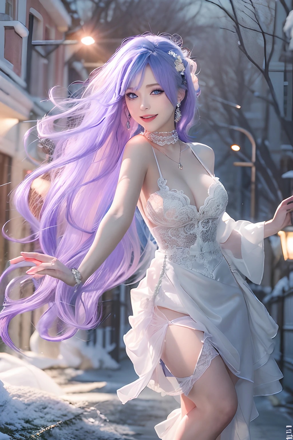 (Masterpiece), (Best quality), In winter, Sunset, Cityscape, (Huge_filesize), (Real), (Realistic), Girl, Long hair, Purple hair, Wavy hair, Makeup , Light smile, Blue eyes, Medium breasts, Wedding_dress, Bare_bshoulders, white thighhighs, Earrings, jewelry, Black choker , necklace, Turning around,