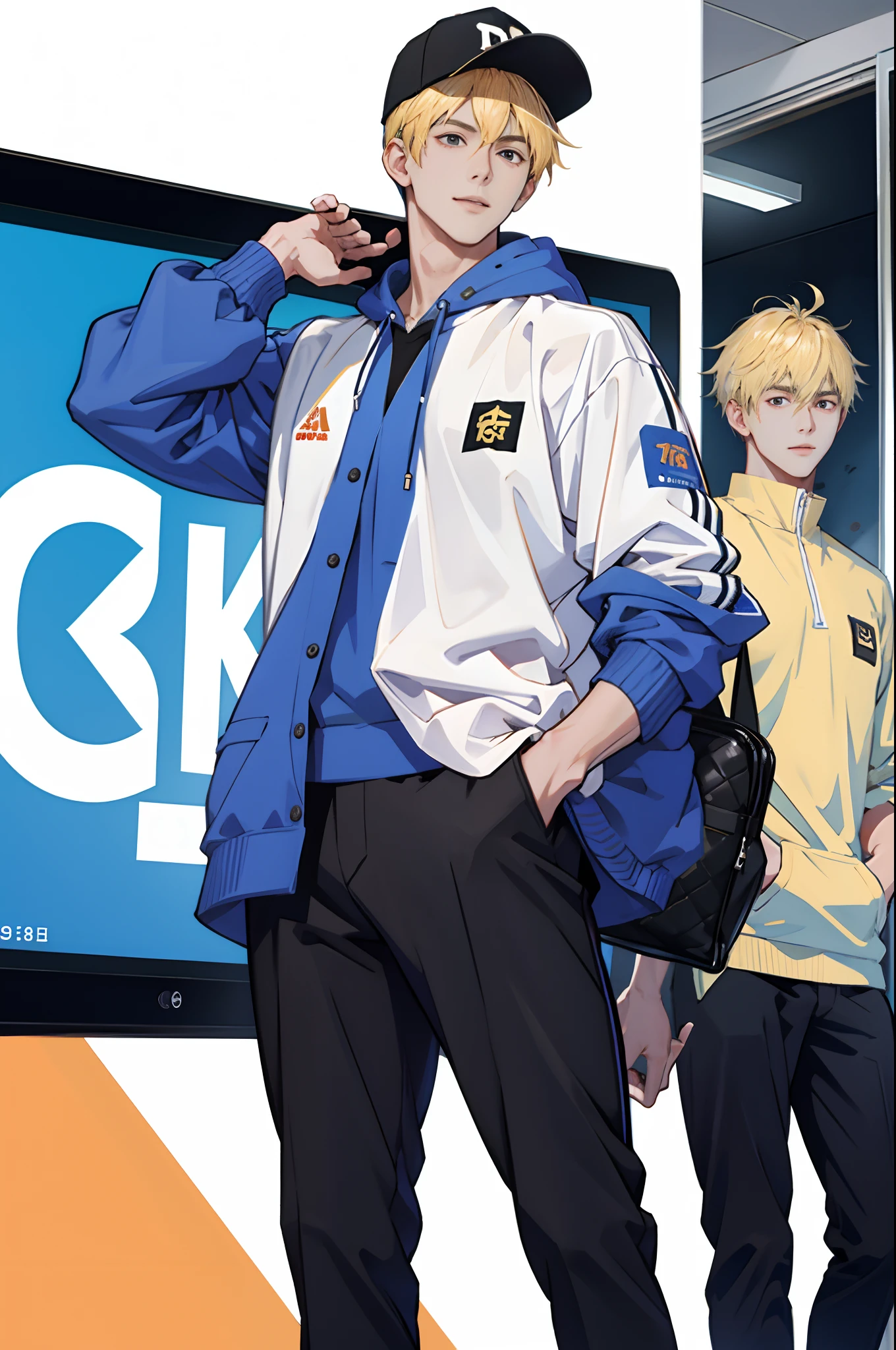 (tmasterpiece,超高分辨率,16k UHD,high qulity),low tune,commute,ads,tvp,standing on your feet,looking at viewert,hoody,tmasterpiece,in the dining room,sitted,(Super short blonde hair),Black eyes,Turn to the back,ssmile,Seoul,(small heads),Precise anatomy,deliver goods, Precise hand structure,light colored costume,Work pants, baseball cap,Unity 16K wallpaper,concept-art,One guy,8K eyes,(((Mature male))),(short detailed hair),Work pants,(photorealiscic face:1.8),broad shoulder,slips,(full bodyesbian:1.6),Male 24,