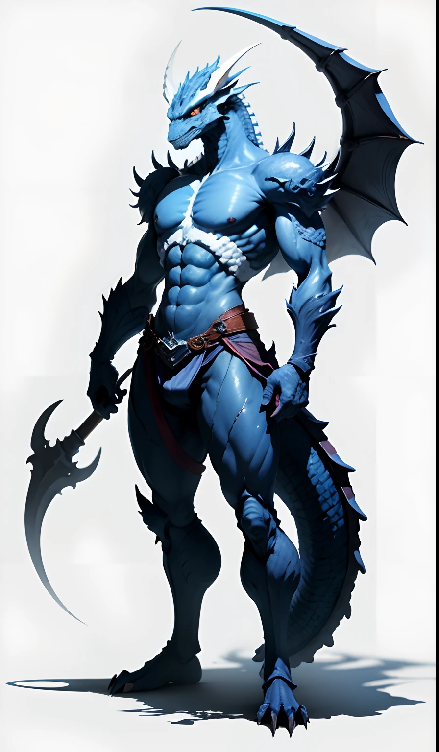 half man, half blue dragon, with a black robe and crystals on her body, holding a staff