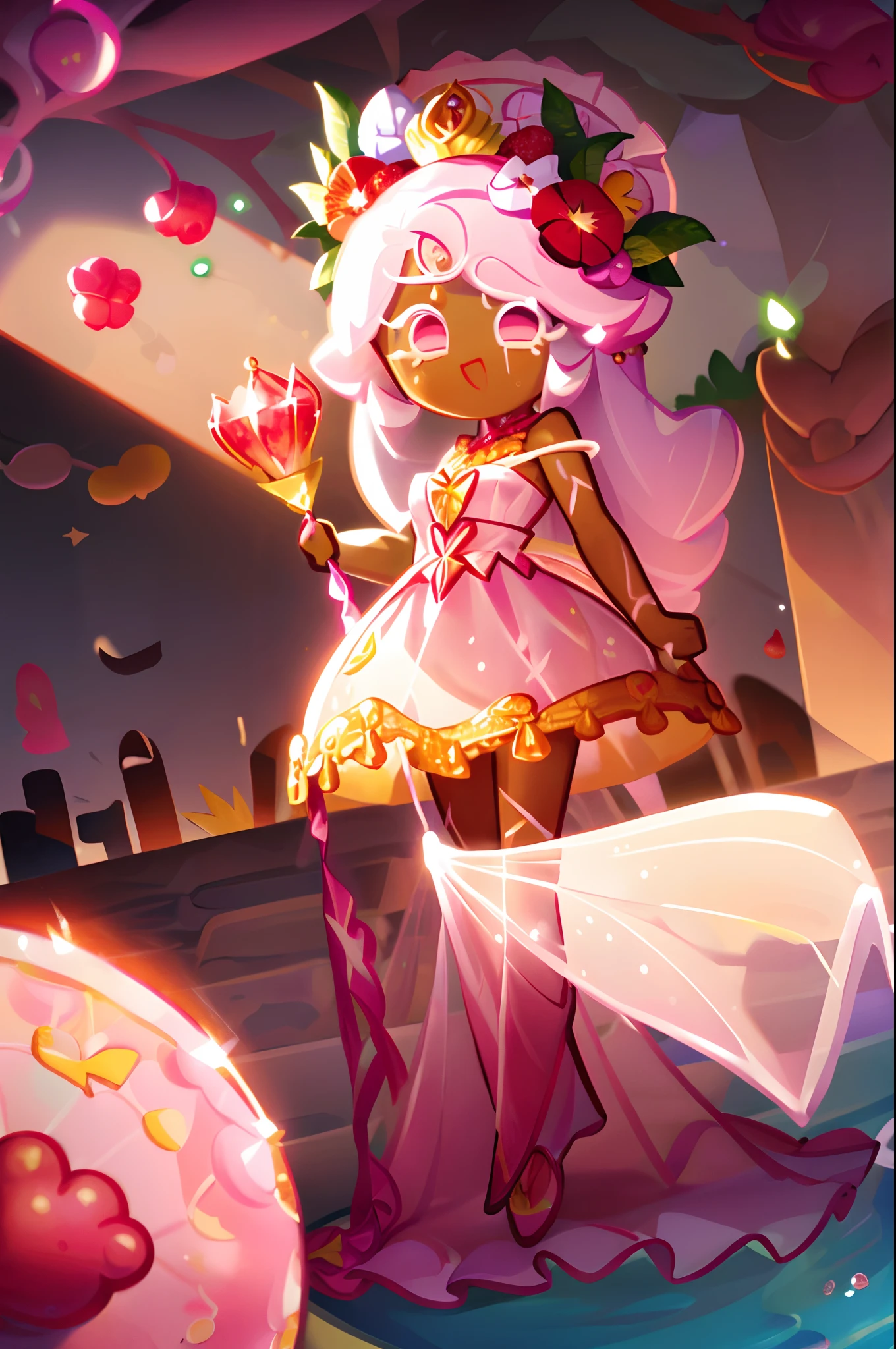 red dress, leaves, leaf crown, flowers, flower staff, transparent hair, liquid hair, white shoes, lemon staff with leaves, lemon brooch, white eyelashes, pink eyes, crown, raspberries, cookie run kingdom, pink lemonade, white dots on dress, flowers in hair, soft smile, 1girl, lemons, light pink hair, flowy hair, long hair, water droplets, dark skin, cookierun, solo, full body, (pink water hair: 1.5), holding staff, raspberries on crown, yellow crown