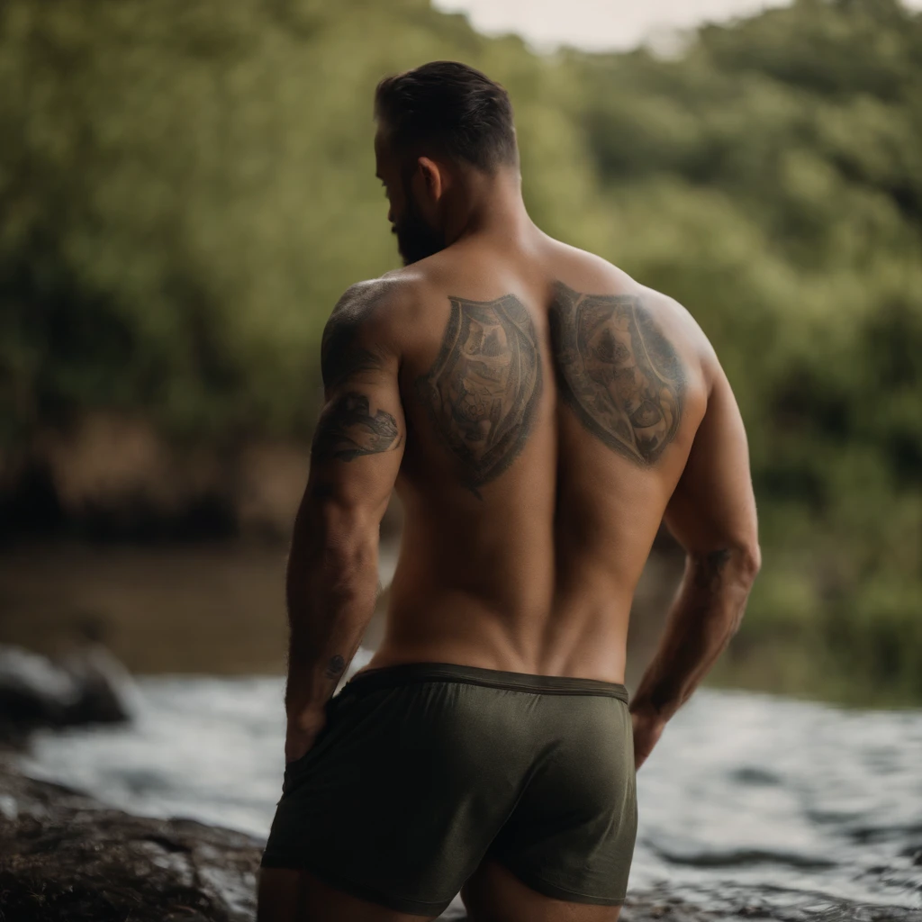 Homem adulto de 28 anos de pele oliva, cabelos na altura dos ombros, com o corpo molhado, com tatuagens nas costas dentro do banheiro, backview, qualidade 8K, foco nítido, textura real da pele, foto RAW