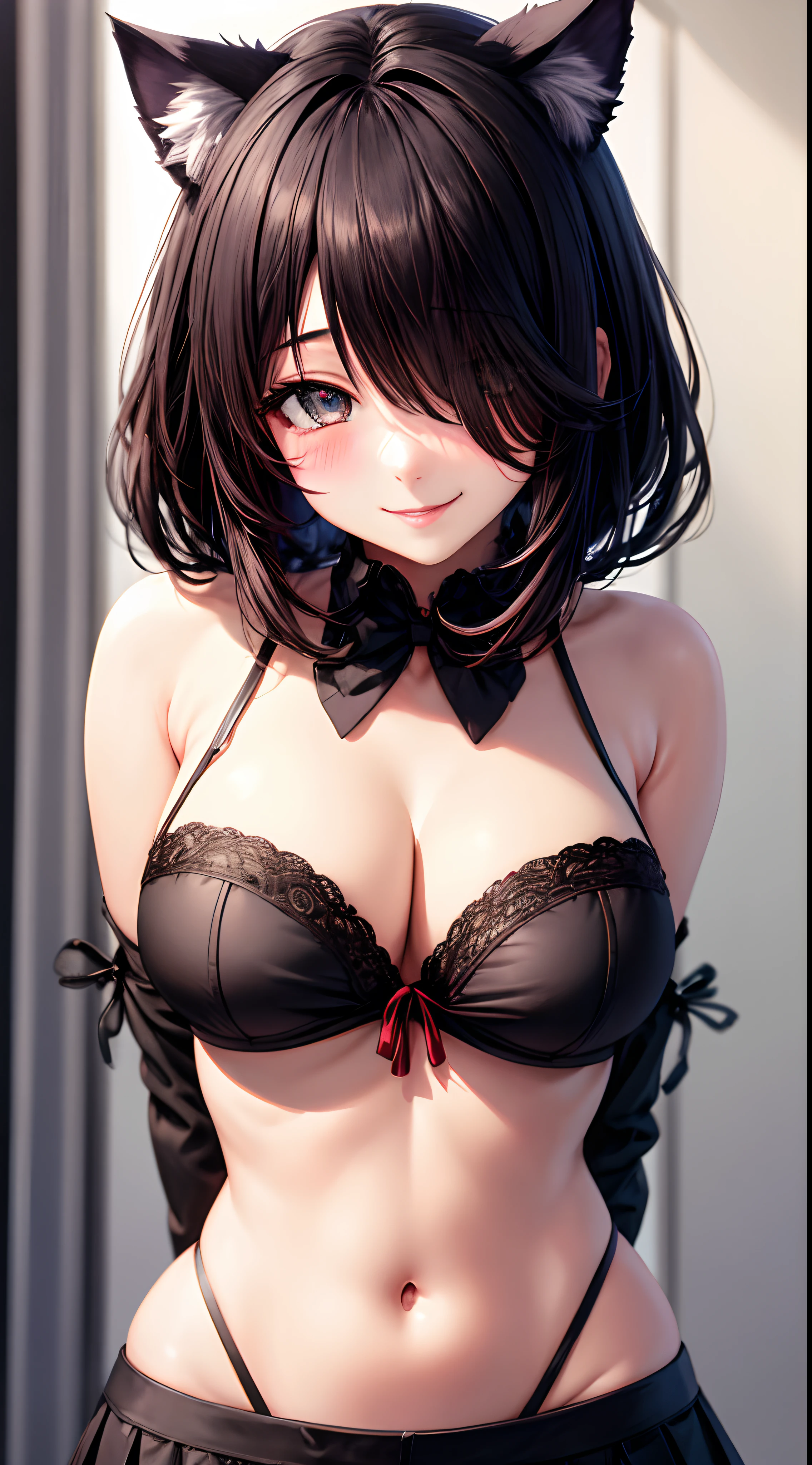 masterpiece, best quality, HD, 4K, Ultra-high resolution, Extreme Detail, Super detailed,beautiful eyes, beautiful hair, Beautiful side, beautiful skin, Tokisaki Kurumi,Cat ears, black hair,two eye colors, yellow left eye, right eye red, heart-shaped pupils, big breasts, unbuttoned shirts,short skirt,, cleft chest,arms in front spread arms,ahegao, blush, Charming smile, Close-up, Look at the viewer