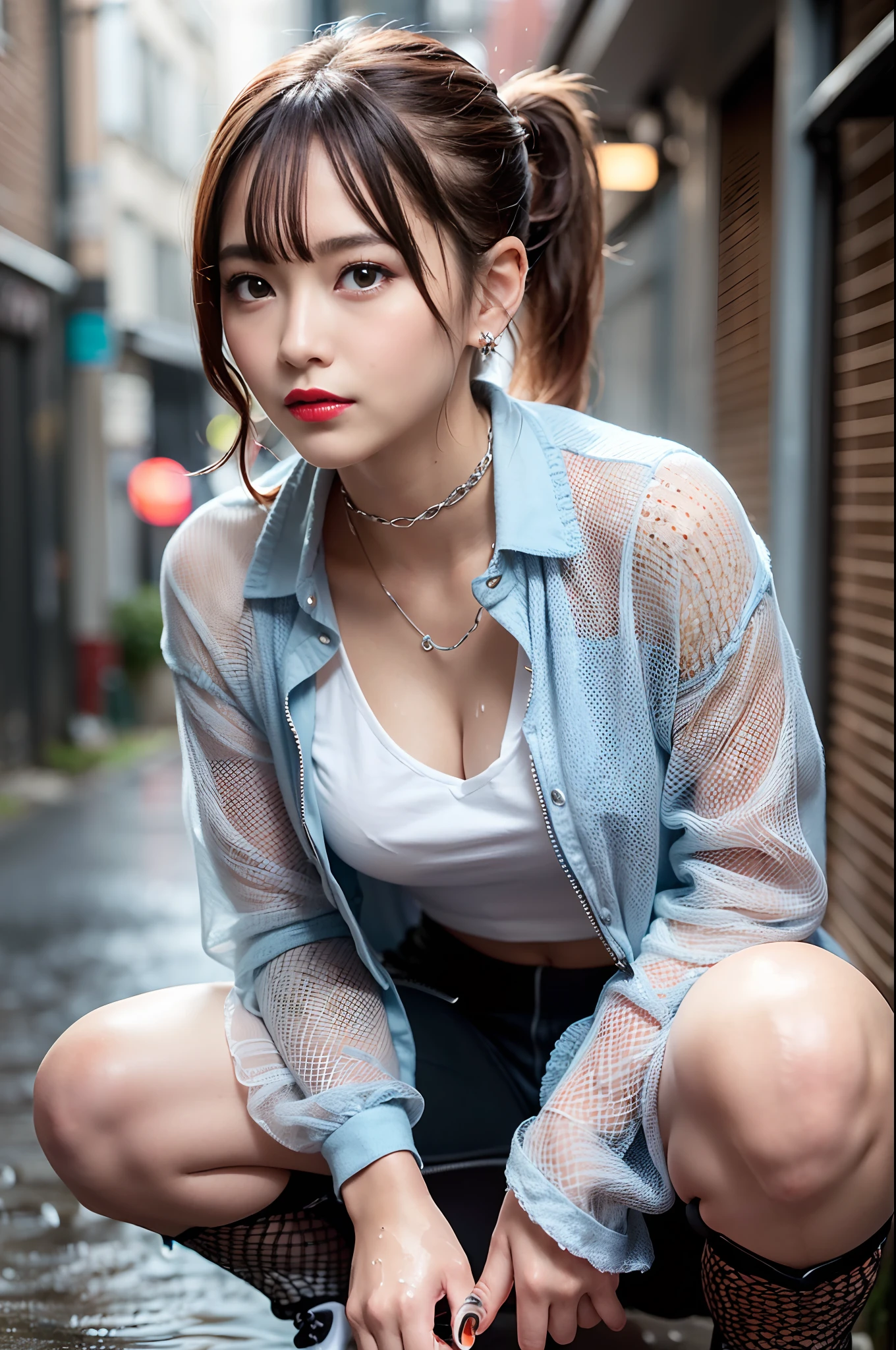 sologirl,Back alley in heavy rain,Drenched bad girl,piercings,Punk rock fashion,Punk rock shirt with chain,Punk rock pants with chain,a choker,(The whole body is soaking wet,Rainwater dripping from the face,Wet face,wetting hair,Wet and glowing skin,Soaking wet costumes,),(Shiny silver and orange hair,Short ponytail),(The composition of the princess's face,big eye,Pointed lips,red lipsticks,Cute round face,A smile that makes the viewer happy,blushing with embarrassment,red blush,),(Bold poses,(The 8k quality,masutepiece,top-quality,Ultra-high resolution output image,),intricate detailes,(Highly detailed raw photos:1.3),(Image Mode Ultra HD),crouching down,