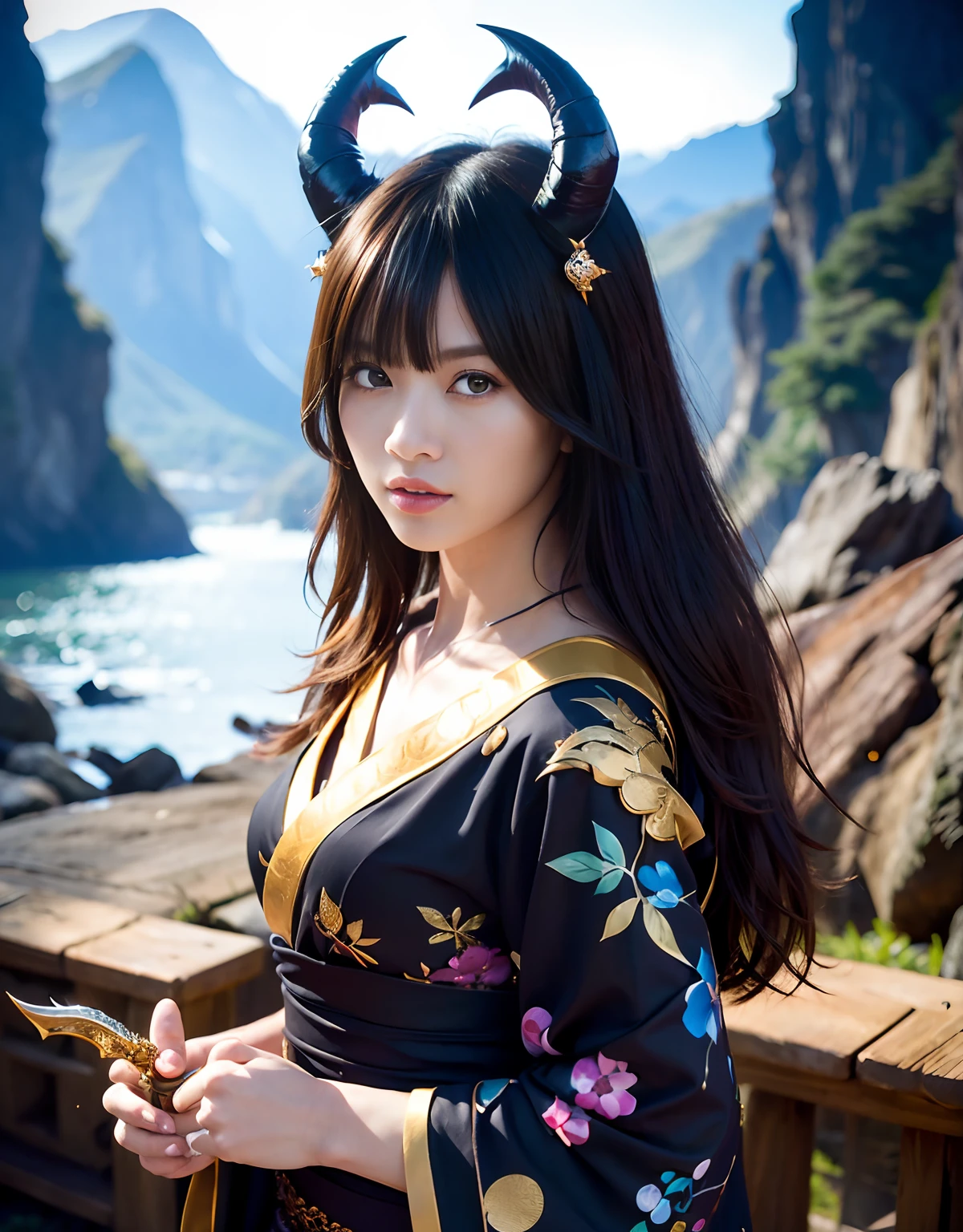 oni girl, kimono, (red hair, red eyes:1.1), disdain, blunt bangs, (oni horn:1.1), crossed arms, mountain, fantasy, dusk