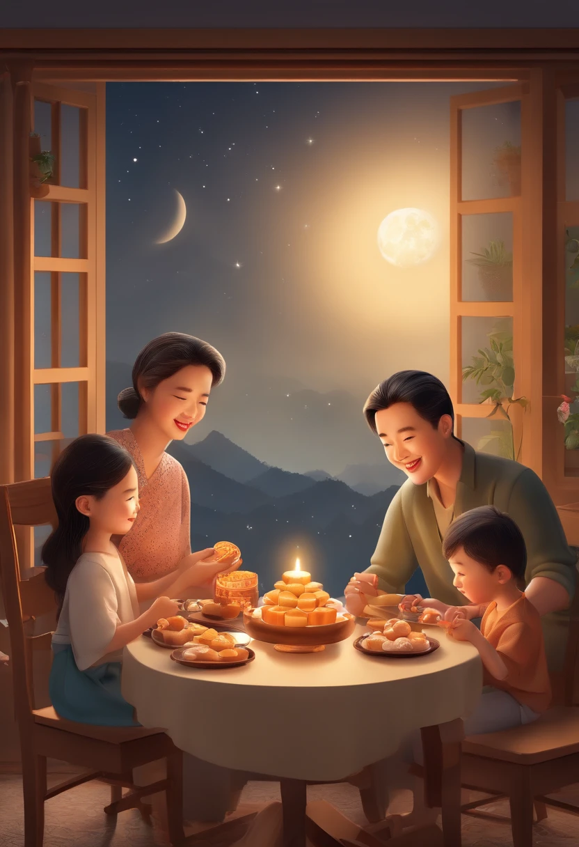 (top-quality、8K、tmasterpiece:1.3)、Full moon and stars in sky illustration，The family sits together eating mooncakes,Mom and dad laugh with the kids，grandfather laugh with grandmother, Have in the living room、Bright house scene，extremely detailed face and skin，Heartwarming scene，perfect  detail