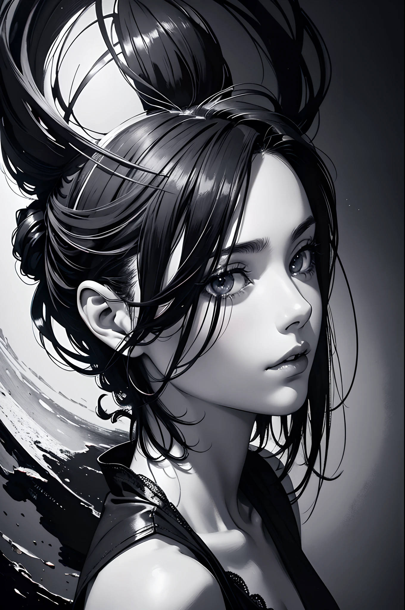 oil painting, Manga Boy, black and white, Monochrome, detailed features, Realistic, bright colours, picturesque scenery, soft-lighting, Delicate brushstrokes, atmospheric, High contrast, dynamicpose, Traditional style, Textured background, expressive eyes, floting hair, intricate clothes, Dramatic shadows, Digital Art, Folk methods, artistic composition, Emotional character, delicate detail, artistry, haunting, captivating, Masterful execution, depth and dimension