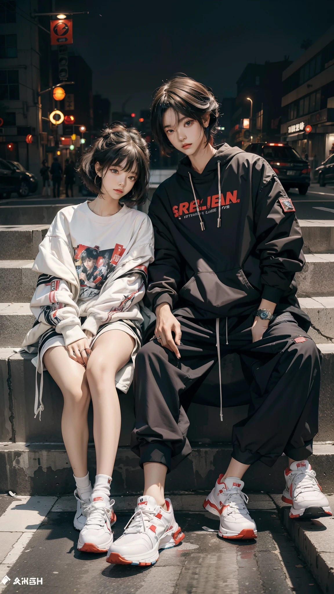 Boy and girl in fashionable clothes sits on the steps, city night, akira style, Extremely colorful，by Russell Dongjun Lu, akira artstyle, trending on cgstation, inspired by Russell Dongjun Lu, She is seen wearing streetwear pieces, akira vibes, alexey egorov, in the style of akira, eye-catching detailed art style, Guviz, style of surrealism