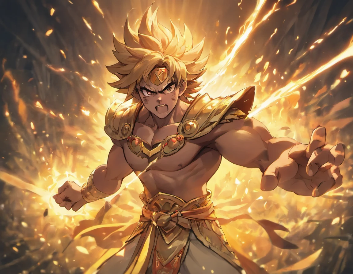 A full-body character portrait of the god Apollo in the style of the game Hades by Supergiant Games, completely naked, big dick, bold linework, expressive details, a poised and radiant pose, a vibrant palette with golds, yellows, and whites, a stylized and modern twist, texture and shading, mythological motifs like lyres, sun rays, and laurel wreaths, a confident and serene expression, charismatic and artistic personality, lean and muscular body type, dark skin
