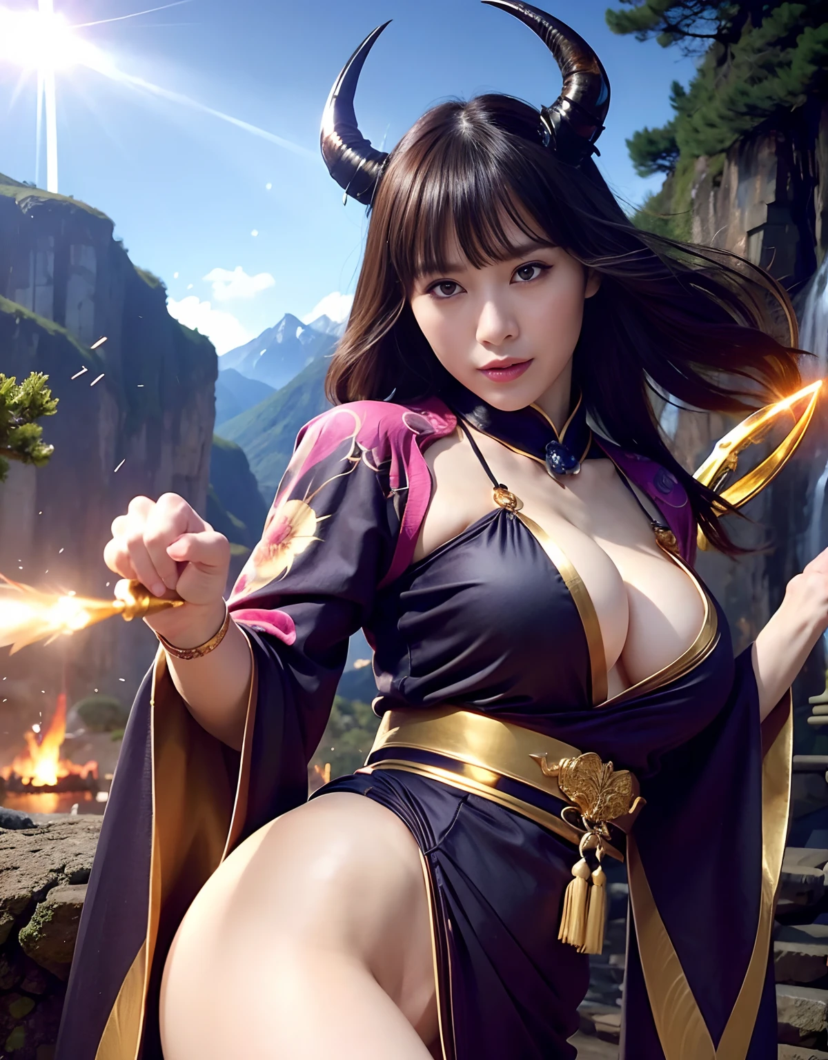 (((Fierce battle with aliens))),Professional , masterpiece、top-quality、photos realistic , depth of fields 、(sexypose)、(Black maple on the background of full bloom),(Ultimate Beauty)、A dark-haired、Mystical expression、(shrine background)、(Kimono with beautiful pattern)、(Night background)、Beautiful hair ornament on the head、,(intense fighting),((Precipitous cliffs)),(Wear a beautiful kimono),(Wear a beautiful kimono with colorful floral patterns)、(Japan Castle Background)、Jewel Gold Weapon、Particles of light),(intense fighting)、Gorgeous gold weapons ,Castle background、(( Gorgeous Dragon Sword)) , (a dark night),,(maikurobikini) 、((Black Haired Beautiful Girl))、(Castle background)、(demonic wings)、((Gangle's forest background))、Beautiful Caucasian beauty、1a person、dynamic ungle,(((Two devil's horns on the head)))、Smaller head、Idle Smile、Thin and beautiful female hands、Mystical expression、Light Effects、intense fighting、Wind-effect、magic circles、With the legendary magic wand、Dragon's tail、Anatomically correct fingers、