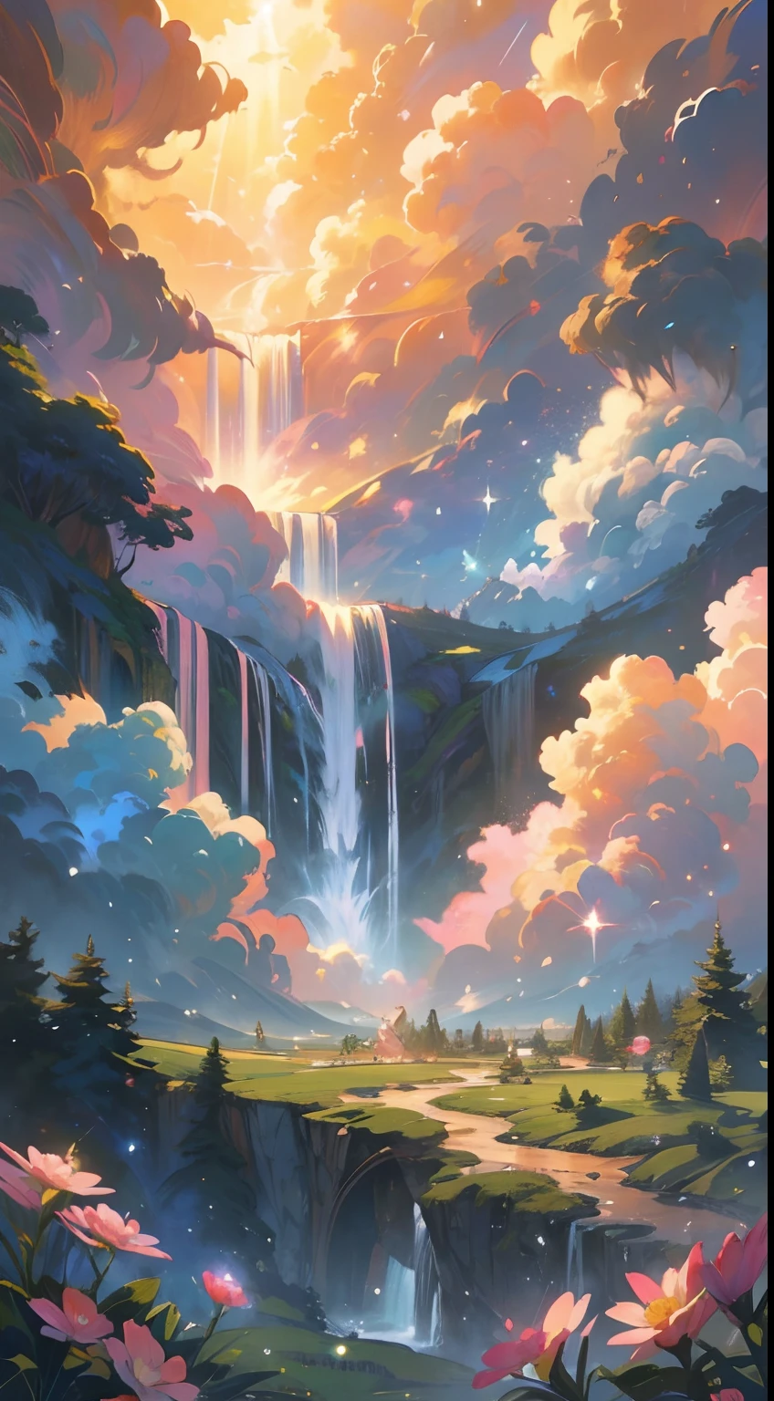 A combination of Hayao Miyazaki's cartoon styles and "My little pony"; Rainbow from earth to cloud,,, steam locomotive with two cars, Soap bubbles are flying around, Pegasus, Unicorns, pony. Below on earth is a fairytale forest, A sparkling waterfall is possible, A magic castle is depicted in the background. Bright juicy colors, bright sunlight, fluffy clouds of pastel shades. Everything shimmers with all colors and shades of the spectrum. A lot of small details of the environment, Psychedelic, Realistic high-quality textures, higly detailed, Realistic animals, Flowers, Clouds