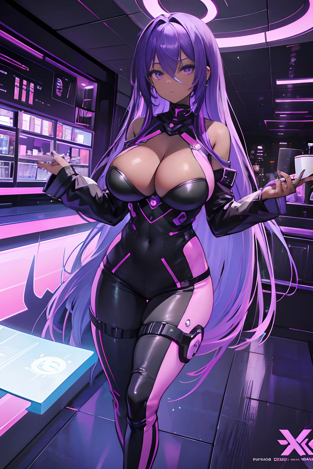 Futuristic girl, Dark skin, a purple eye, space, Purple hair, Blue hair, Pink hair, Long hair, Dark skin, Futuristic coffee shop，big breasts exposed cleavage，Full body detail 4K，Dreamlike，and its detailed completeness