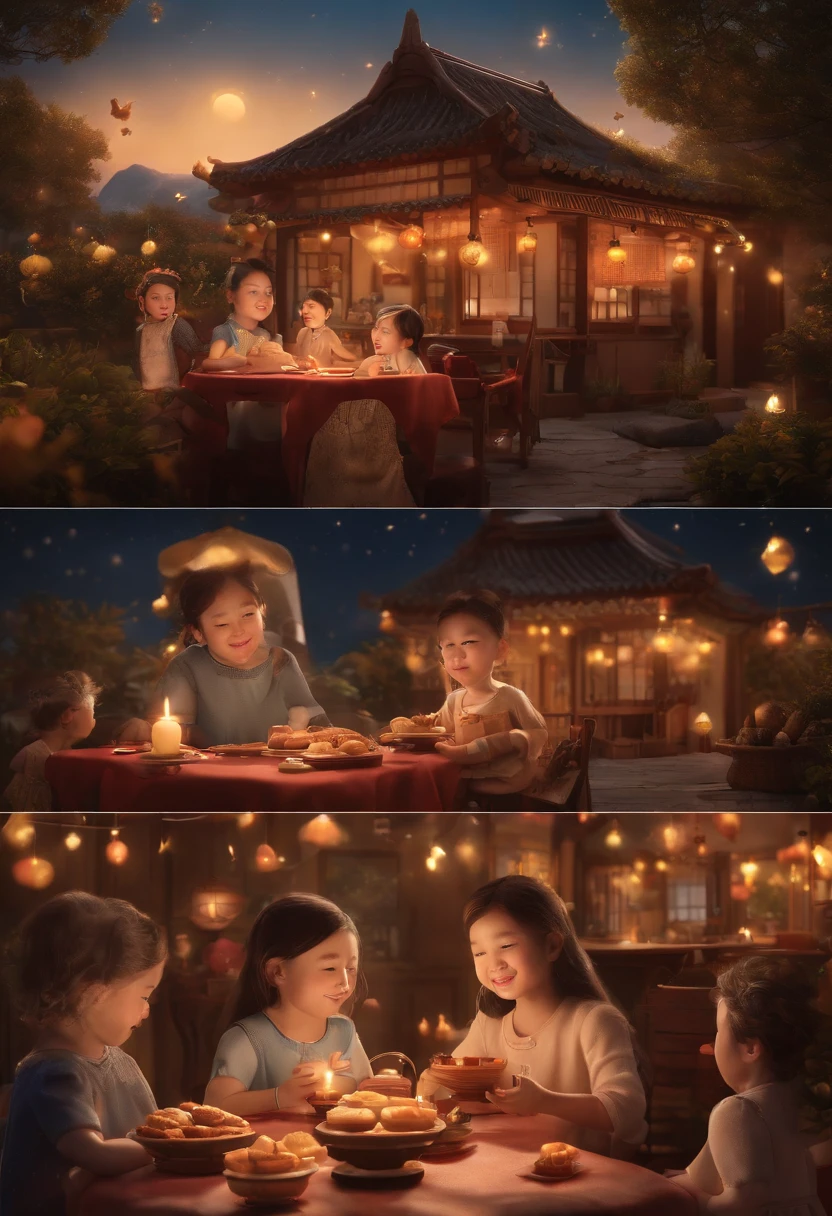 (top-quality、8K、tmasterpiece:1.3)、Full moon and stars in sky illustration,The family sits together eating mooncakes,Mom and dad laugh with the kids,Have in the living room、Bright house scene,extremely detailed face and skin,Heartwarming scene,perfect detail