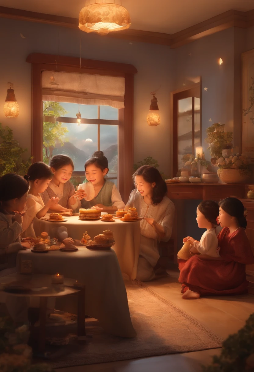 (top-quality、8K、tmasterpiece:1.3)、Full moon and stars in sky illustration,The family sits together eating mooncakes,Mom and dad laugh with the kids,Have in the living room、Bright house scene,extremely detailed face and skin,Heartwarming scene,perfect detail