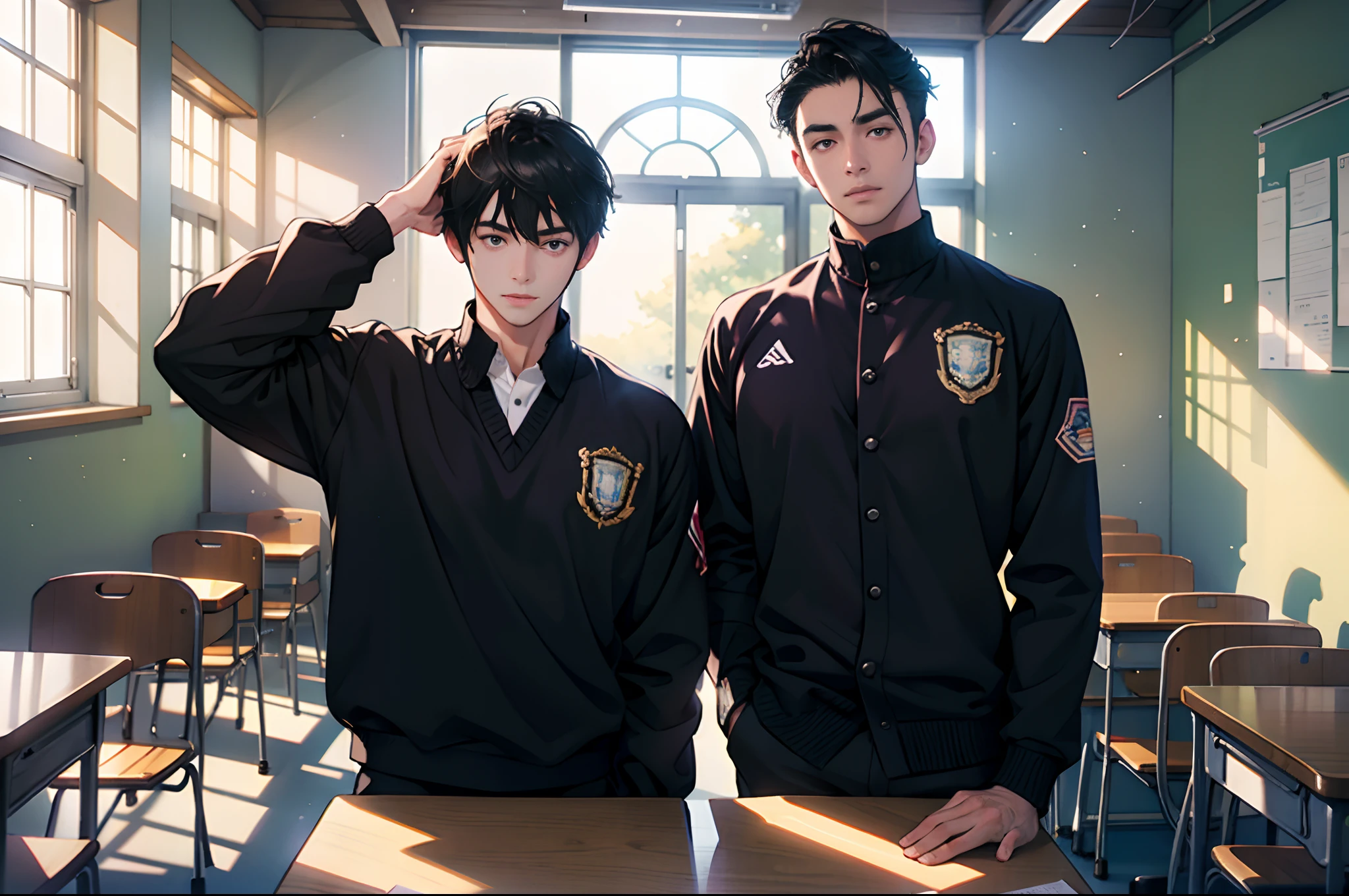 Man,shoun,Young men,High school students,The background is in the classroom,school uniform,extreme hight detail,Realistic light and shadow,Sunlight comes in through the windows,facula,softlighting,Soft focus,The best quality,Be red in the face,Look at the lens, sit on chair,Rest your head on the table,Hold your cheeks