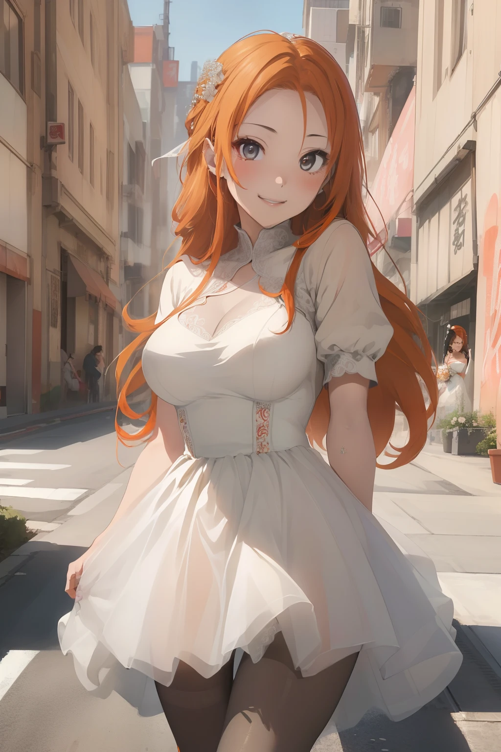 (masterpiece、top-quality、top-quality、Beautifully Aesthetic:1.2)、1 girl in、ighly detailed、highestdetailed、grey eyes、orange color hair|long Brond Hair、((weddingdress))、((pantyhose))、Matsumoto Rangiku、graffiti art、Look at the viewer、A smile、chies、((Open legs))