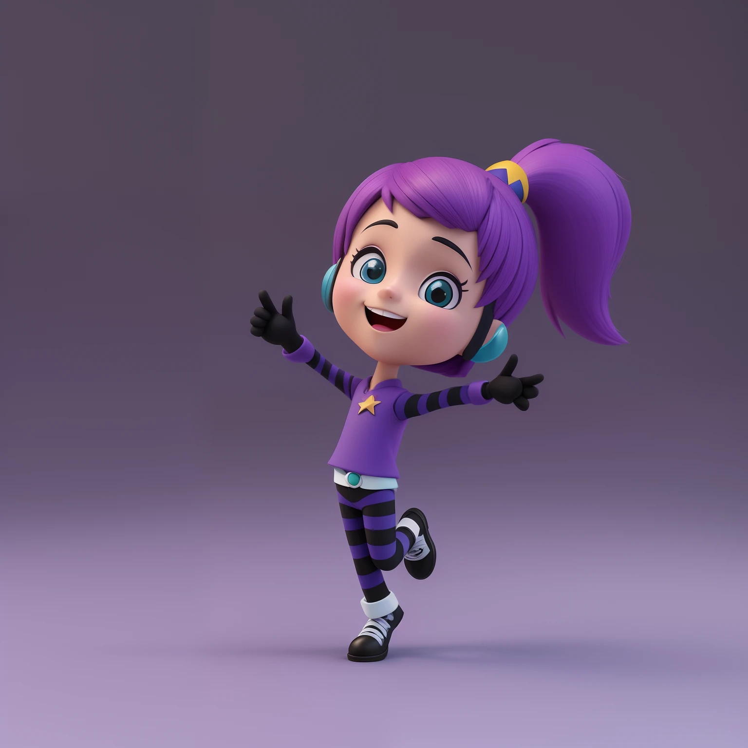 A closeup of a cartoon character in a purple shirt and striped pants, animation character, dancing character, Pose de personagem (pointing with your hand), personagem bonito, personagem de desenho animado, Caractere mesclado, Personagem Toonix, Personagem 3D, Personagem 3D, personagem bonito dos desenhos animados, maia, Pose( one of the arms pointing forward+ Feliz), Caractere estilizado, Personagem Pixie, personagem pixar, personagem principal