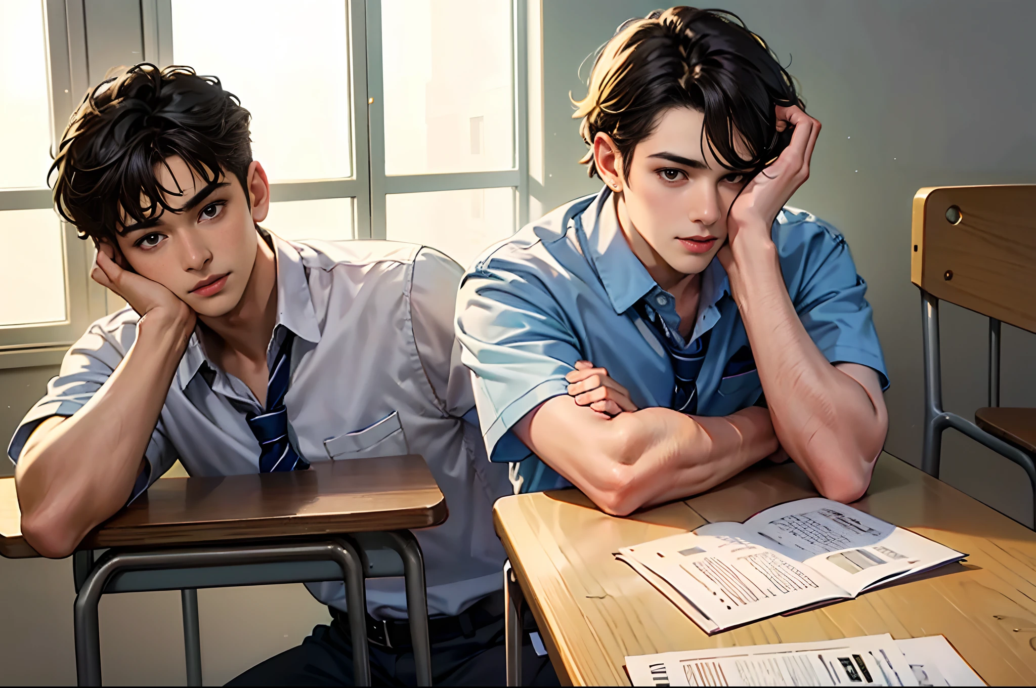 Man,shoun,Young men,High school students,The background is in the classroom,school uniform,extreme hight detail,Realistic light and shadow,Sunlight comes in through the windows,facula,softlighting,Soft focus,The best quality,Be red in the face,Look at the lens, sit on chair,Rest your head on the table,Hold your cheeks