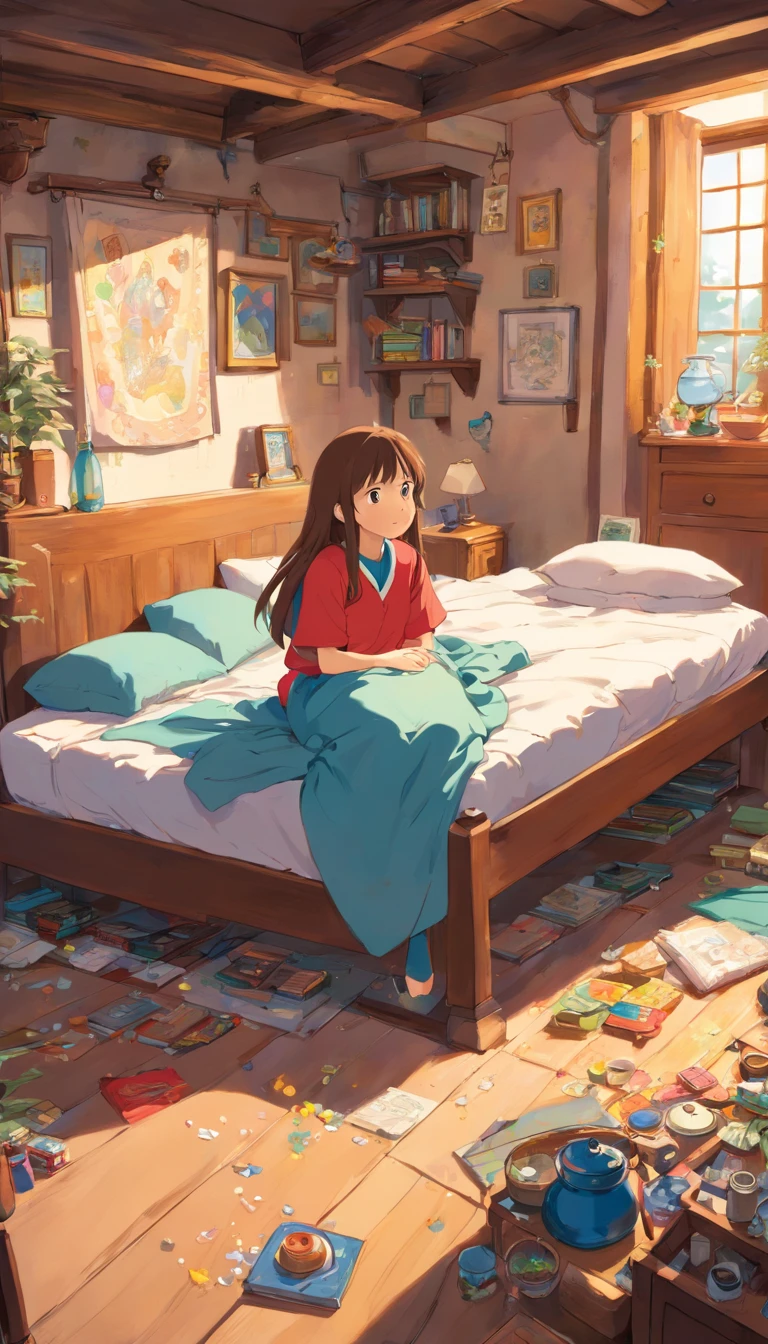 A girl with a long brown hair,lazy to waking up,lying in a messy bedroom and room.