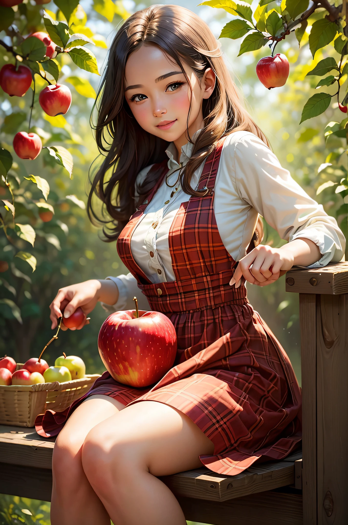 A girl picking apples in a sunny orchard, with beautiful detailed eyes and lips, wearing a red checkered dress, surrounded by tall green trees. The apples are ripe and juicy, with a shiny red color. The girl's smile is radiant as she reaches out to pick the perfect apple. The scene is captured in a realistic painting style with vibrant colors and sharp focus. The sunlight filters through the leaves, casting a warm golden glow on the girl and the apples. The artwork is of the best quality, with ultra-detailed brushstrokes and a photorealistic effect. The overall color tone is vibrant and vivid, enhancing the beauty of the scene.