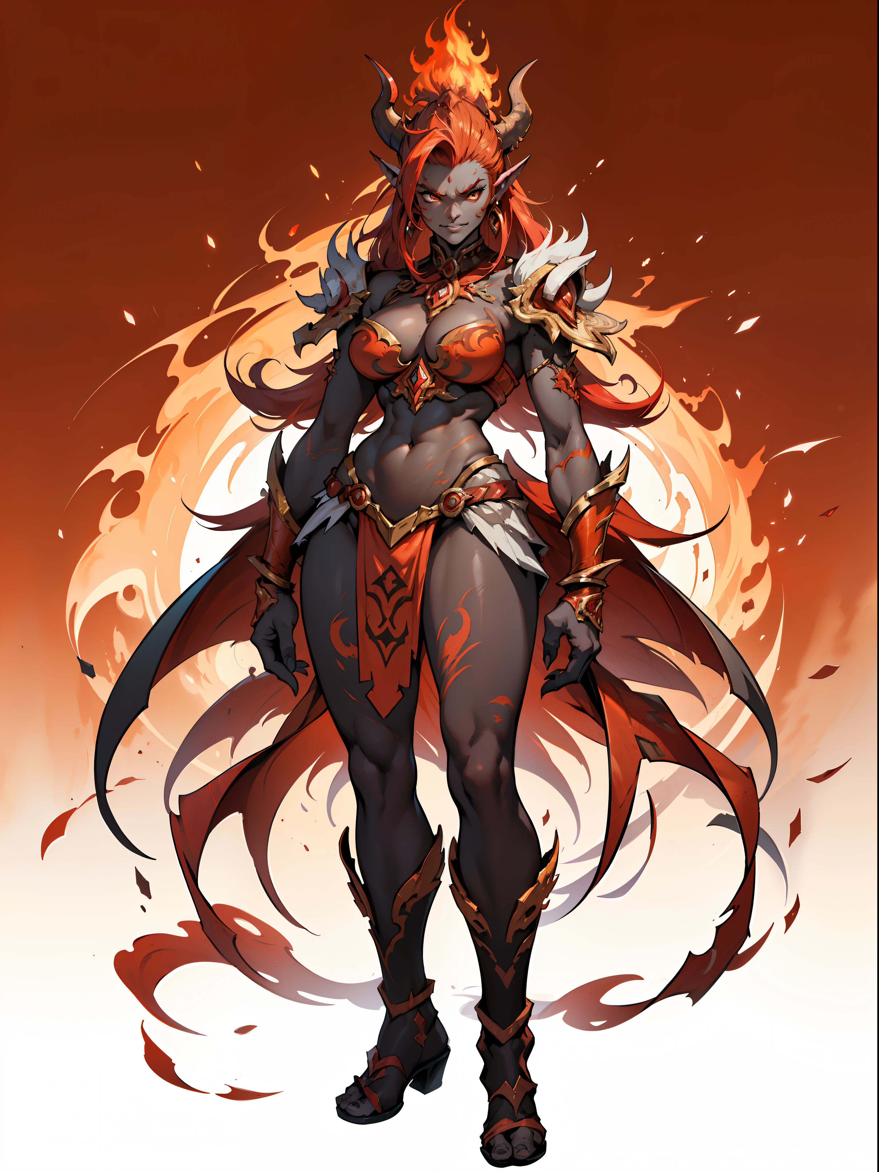 ((top-quality))、((tmasterpiece))、((Full body photo of a woman))、((very simple background))、(Game character design)、amazon warrior,Red demon monster、monster design,(the fire goddess,Lava elements fuse)、Cartoony、Beastman、Ivory ornaments、独奏、Fighting posture,Riot game concept art