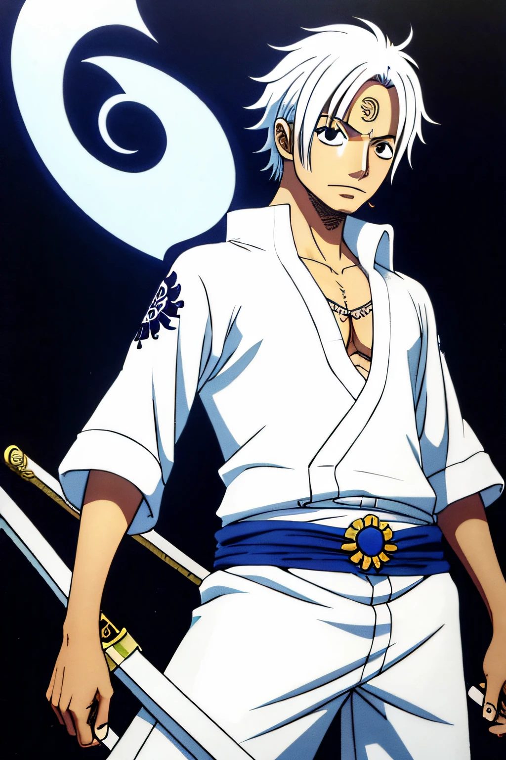 estilo eiichiro oda, espadachim jovem de cabelo branco, diversas cicatrizes, espada rara