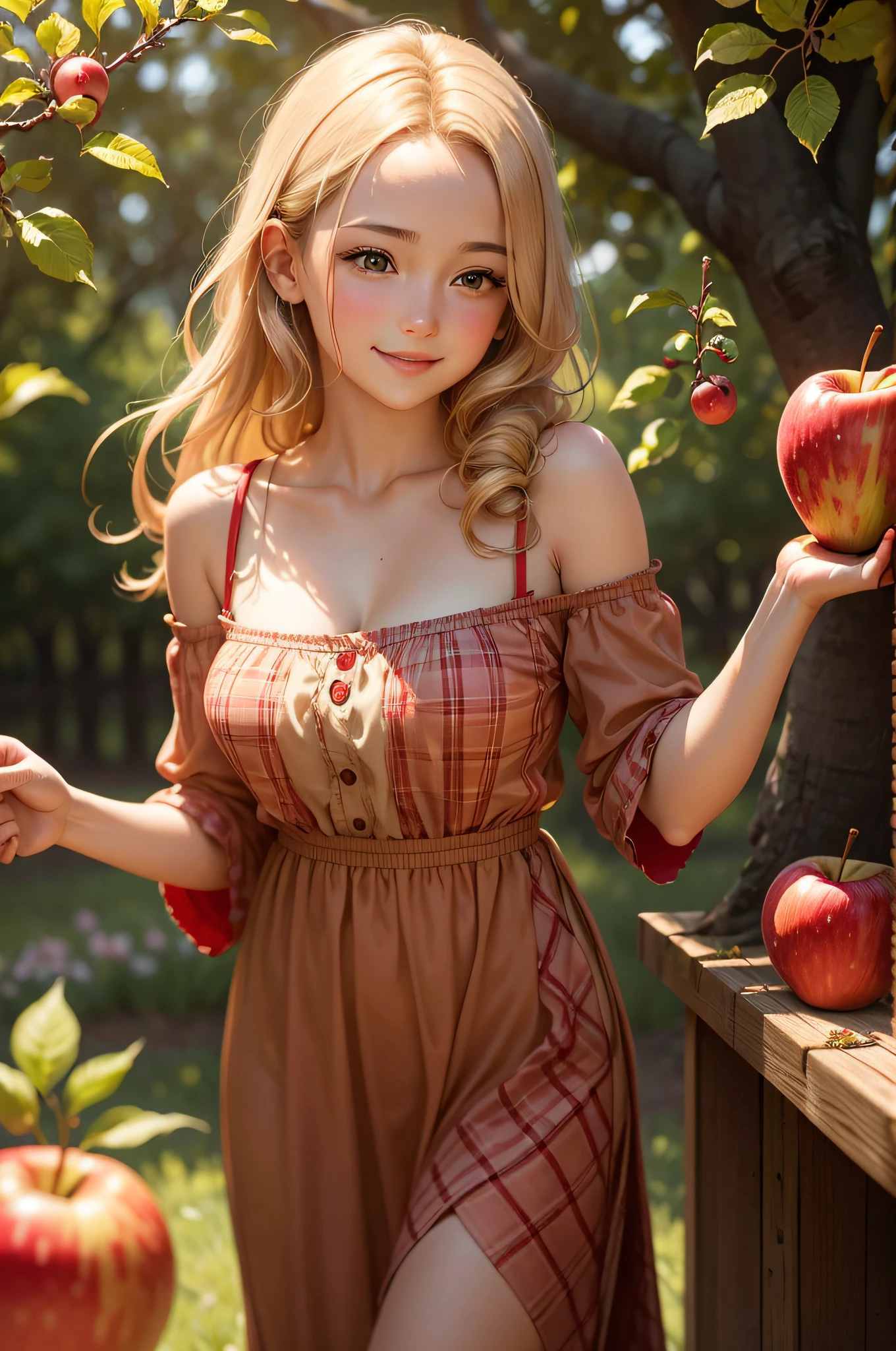 A girl picking apples in a sunny orchard, with beautiful detailed eyes and lips, wearing a red checkered dress, surrounded by tall green trees. The apples are ripe and juicy, with a shiny red color. The girl's smile is radiant as she reaches out to pick the perfect apple. The scene is captured in a realistic painting style with vibrant colors and sharp focus. The sunlight filters through the leaves, casting a warm golden glow on the girl and the apples. The artwork is of the best quality, with ultra-detailed brushstrokes and a photorealistic effect. The overall color tone is vibrant and vivid, enhancing the beauty of the scene.