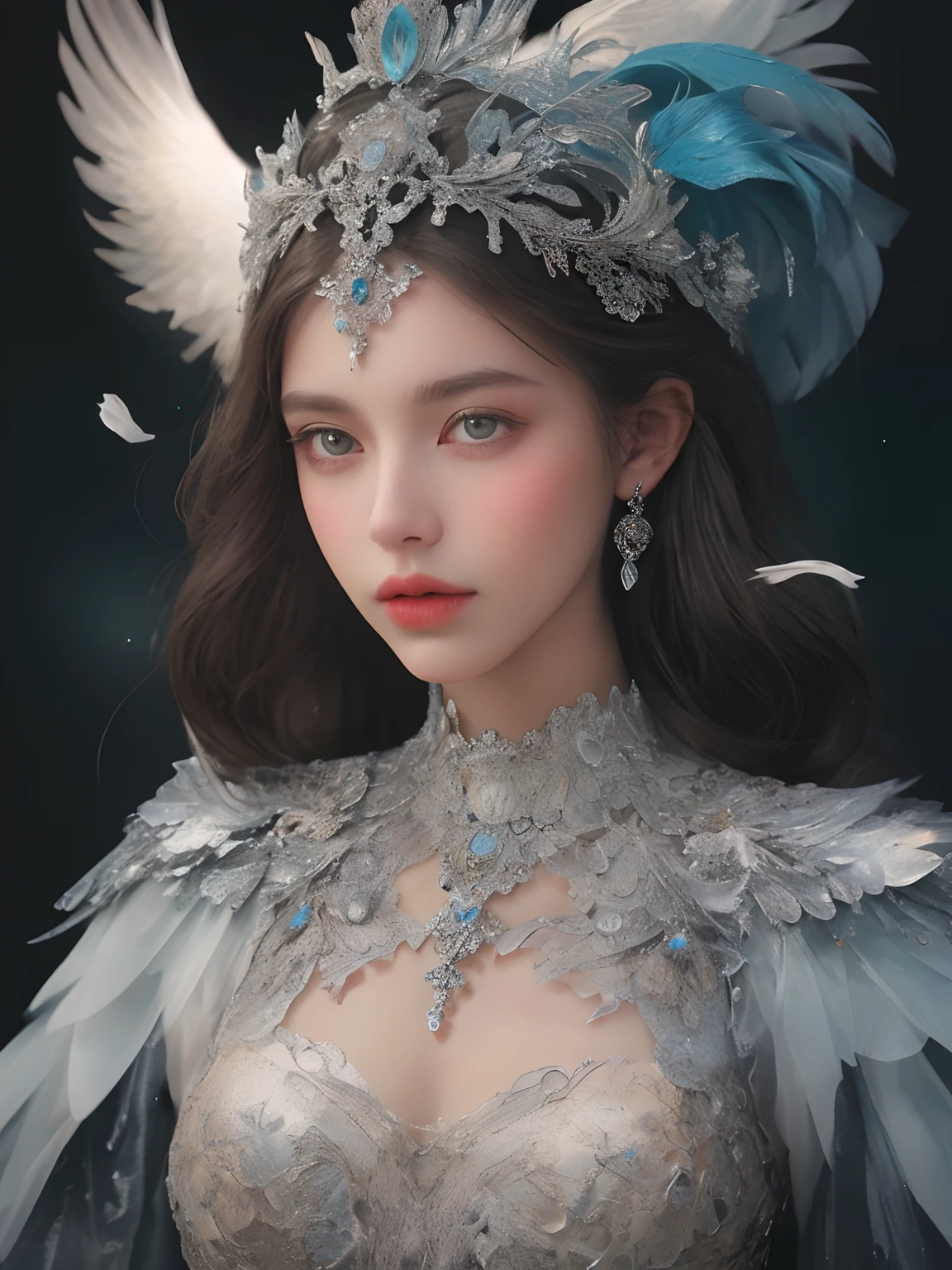 1girl,solo,Loose waves with center part ,gigantic breasts, full body, A regal military officer uniform for a princess featuring gold-trimmed epaulettes and a flowing crimson cape. opal diamond, from side, gem, grey eyes, hair ornament, jewelry,