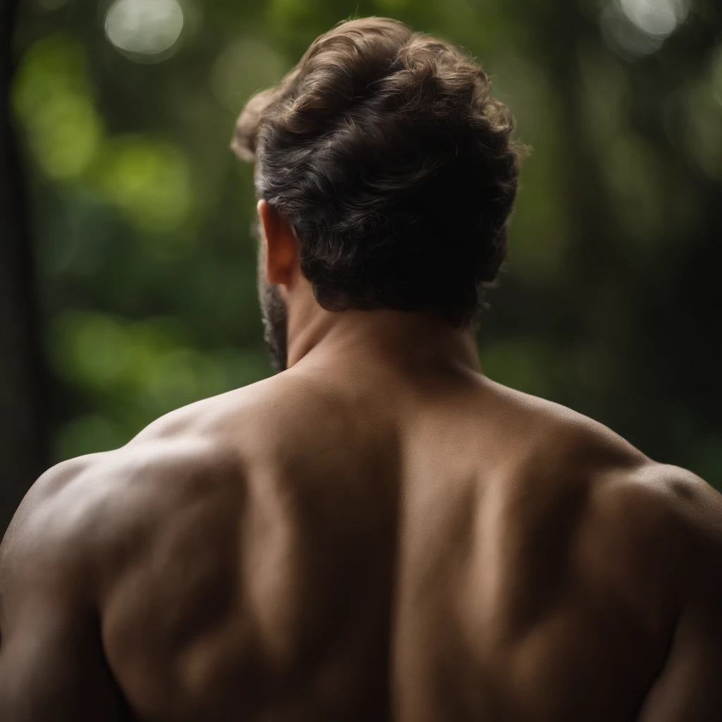 Homem adulto de 28 anos de pele oliva, com cabelos longos na altura dos ombros, com o corpo molhado, com tatuagens nas costas dentro do banheiro, backview, qualidade 8K, foco nítido, textura real da pele, foto RAW