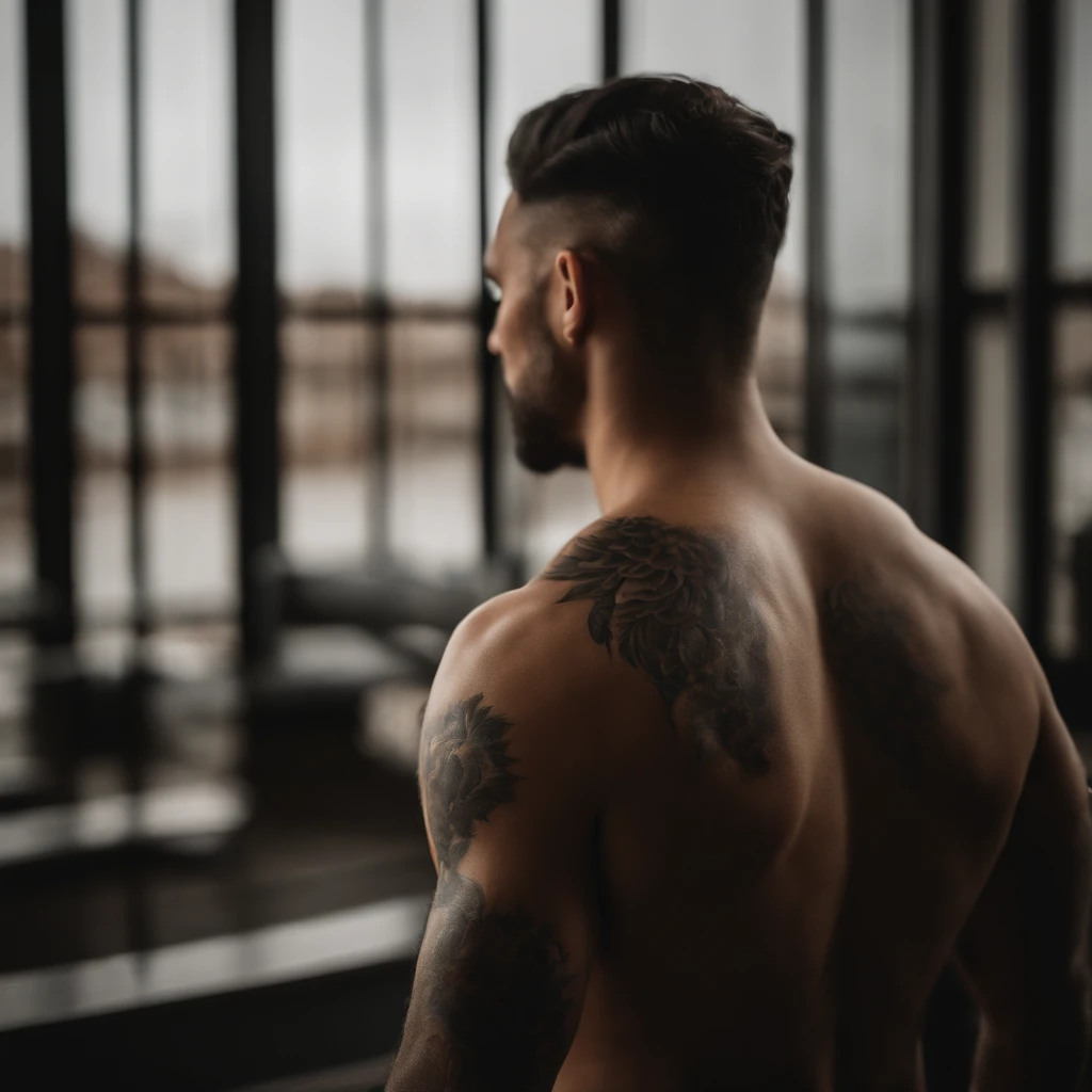 Homem adulto de 28 anos de pele oliva, com cabelos longos na altura dos ombros, com o corpo molhado, com tatuagens nas costas dentro do banheiro, backview, qualidade 8K, foco nítido, textura real da pele, foto RAW