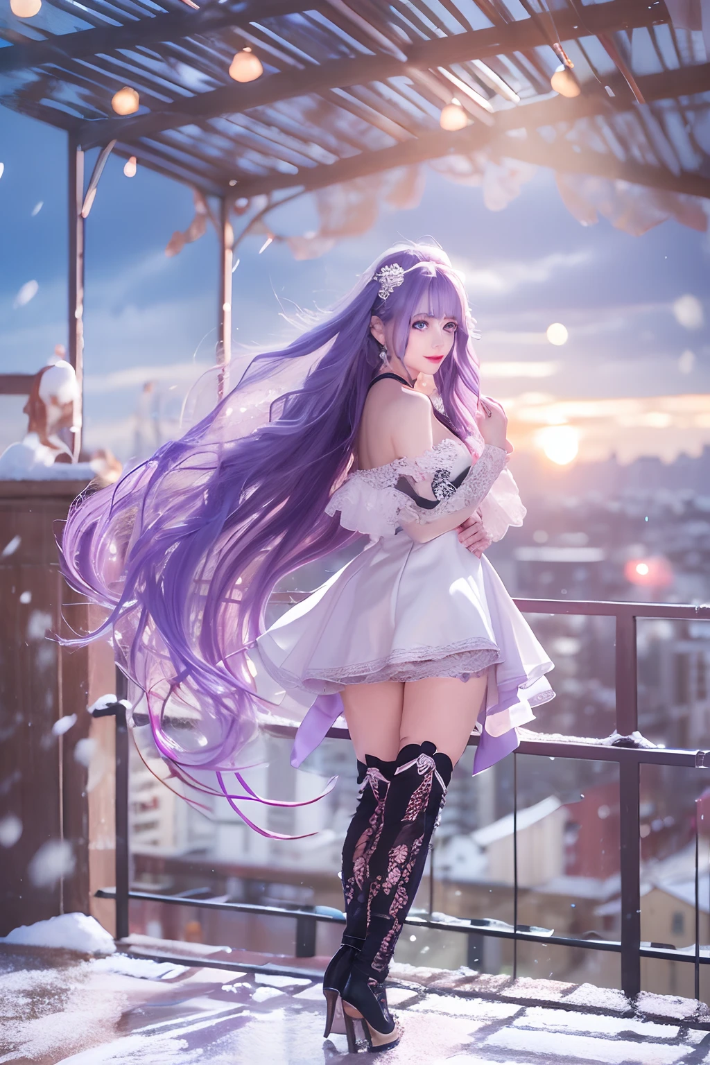 (Masterpiece), (Best quality), In winter, Sunset, Cityscape, (Huge_filesize), (Real), (Realistic), Girl, Long hair, Purple hair, Wavy hair, Makeup , Light smile, Blue eyes, Medium breasts, Wedding_dress, Bare_bshoulders, white thighhighs, Earrings, jewelry, Black choker , necklace, Turning around,