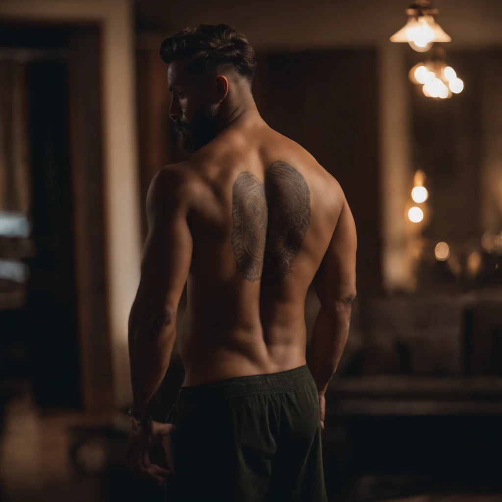 vue arrière du corps entier d'un bodybuilder nu regardant une petite boule de cristal dans sa main, coupe de cheveux étrange et courte, tatouages steampunk, dans une pièce de style steampunk, Atmosphère enfumée, lumières étranges