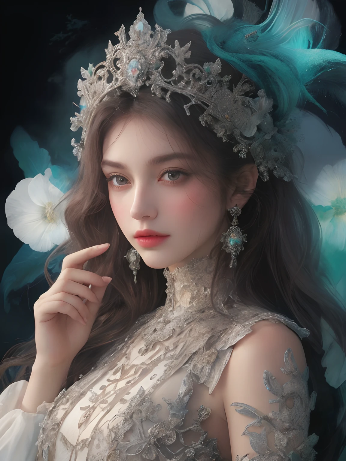 1girl,solo,Loose waves with center part ,gigantic breasts, full body, A regal military officer uniform for a princess featuring gold-trimmed epaulettes and a flowing crimson cape. opal diamond, from side, gem, grey eyes, hair ornament, jewelry,