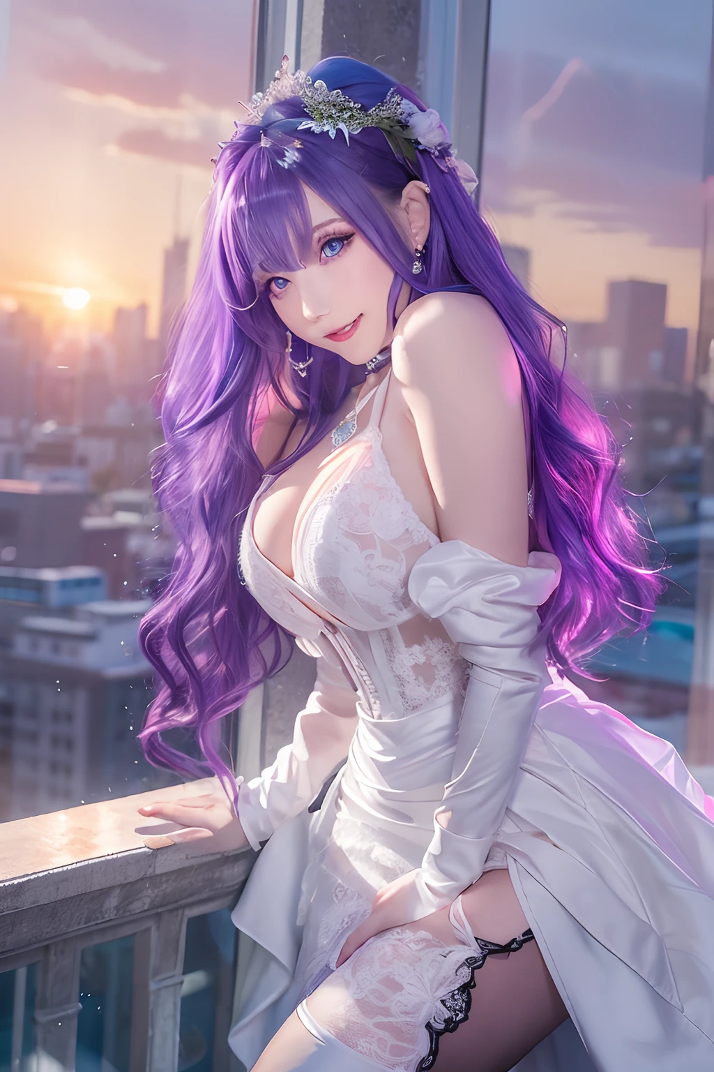 (Masterpiece), (Best quality), In winter, Sunset, Cityscape, (Huge_filesize), (Real), (Realistic), Girl, Long hair, Purple hair, Wavy hair, Makeup , Light smile, Blue eyes, Medium breasts, Wedding_dress, Bare_bshoulders, white thighhighs, Earrings, jewelry, Black choker , necklace, Turning around,