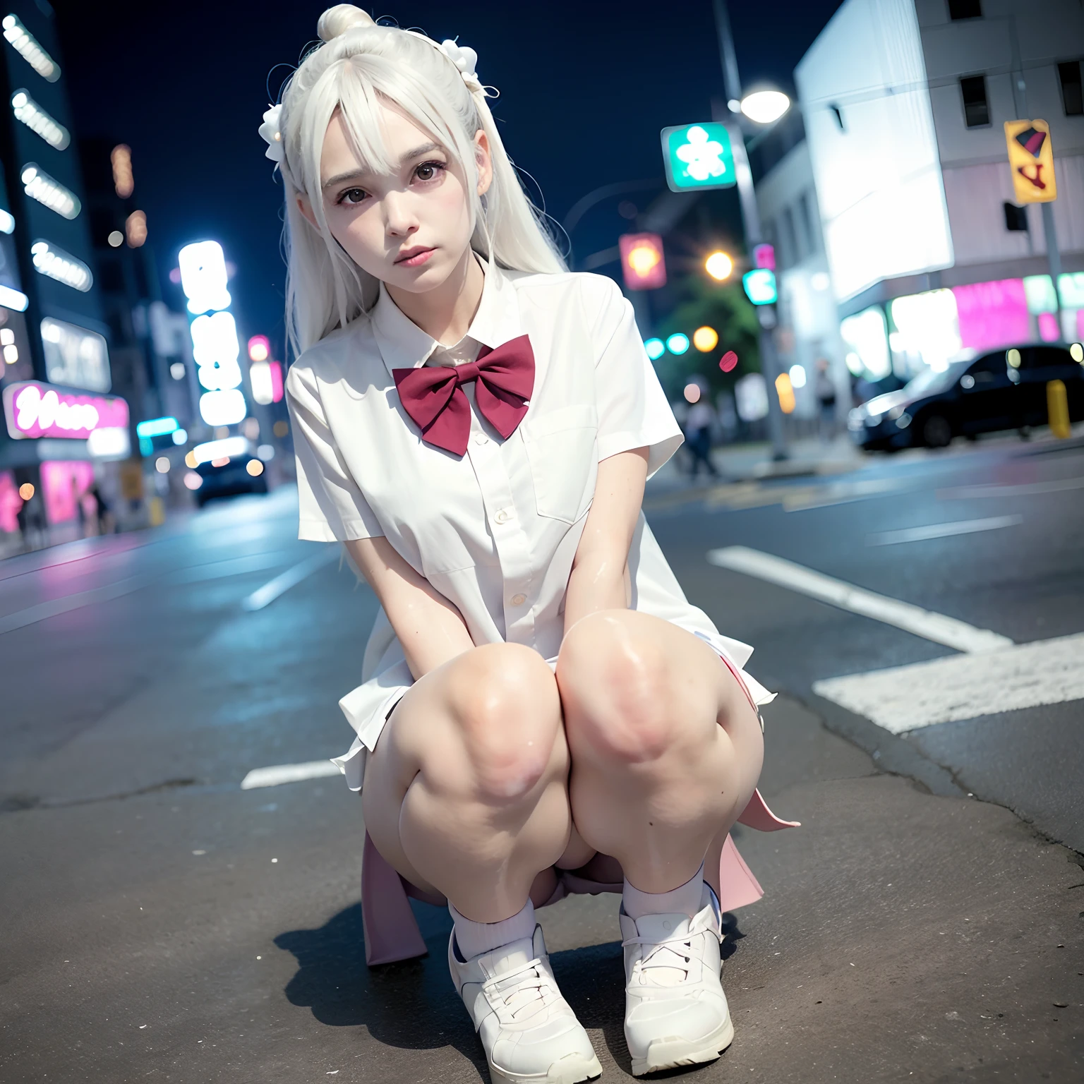 Full body like，(8K, RAW photo, Best quality, Mastery:1.3),(Realistic,photo-realistic:1.37),(Night),(looking viewer:1.331),(White hair),posing on a,Tokyo Street,nightcityscape,Cyberpunk city ,softlighting,1girll,Extremely beautiful face,chest circumference,putdownhands,Casual hairstyle,The expression is casual,largeeyes,,Alvine,,Style,,(Bow jk_tie),mix4，(RAW photo:1.2)，camel-toe，Hollow-out on，sweat leggs，White liquid， Smooth pink skin, shiny metallic glossy skin, Shiny，spread their legs，M-shaped legs，angry look，sullenness，Irritated，white liquid all over body，Full body like