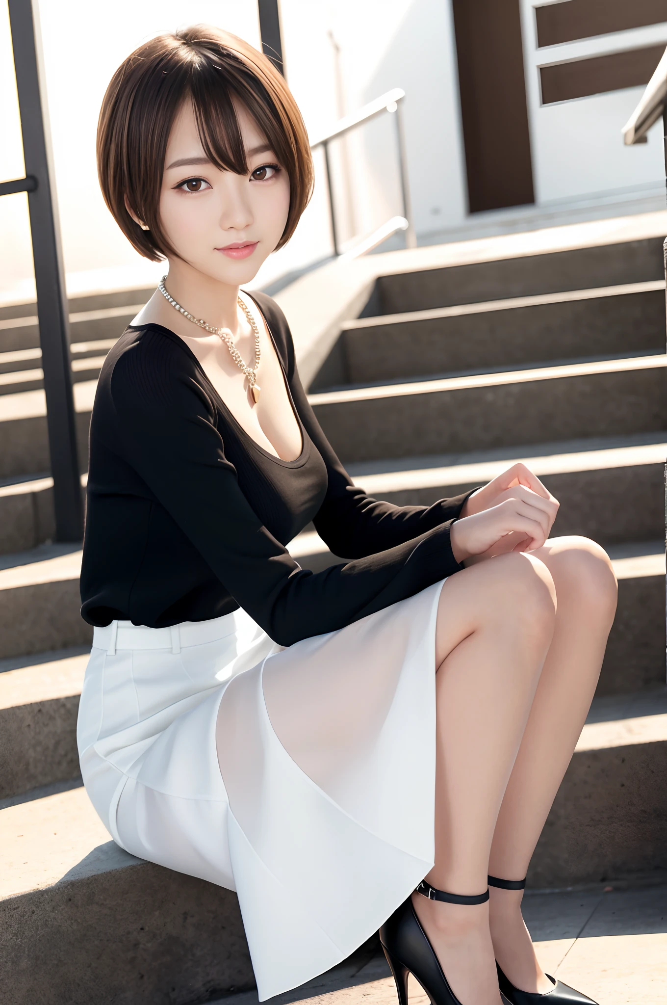 8K RAW photos, high resolution, slender Korean at ************, light brown hair, big round breasts, formal shirt, formal skirt, very thin mouth, duck mouth, smile,, beautiful eyes in detail, slit eyes, sanpaku eyes, dark cheeks, long eyelashes, beautiful double eyelids, eyeshadow, beautiful thin legs, stockings, necklaces, earrings, short hair, In front of the station at night, stairs at night, squatting, sitting, high-class high heels