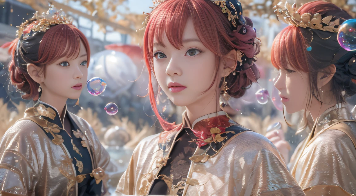 32K(tmasterpiece,k hd,hyper HD,32K)Ball-tipped curls,Flowing bubbles,ponds,zydink, a color, Asian people (water sphere), (Colorful bubbles), Combat posture, looking at the ground, Large rolls of rouge bubbles, Flowing rouge curls,Crystal tiara, Chinese long-sleeved black gold garment, (Abstract water splash:1.2), Pink peony flower background,Buble(realisticlying:1.4),Rouge hair,The day is in full swing,The background is pure, A high resolution, the detail, RAW photogr, Sharp Re, Nikon D850 Film Stock Photo by Jefferies Lee 4 Kodak Portra 400 Camera F1.6 shots, Rich colors, ultra-realistic vivid textures, Dramatic lighting, Unreal Engine Art Station Trend, cinestir 800,Large roll bubbles,Flowing bubbles