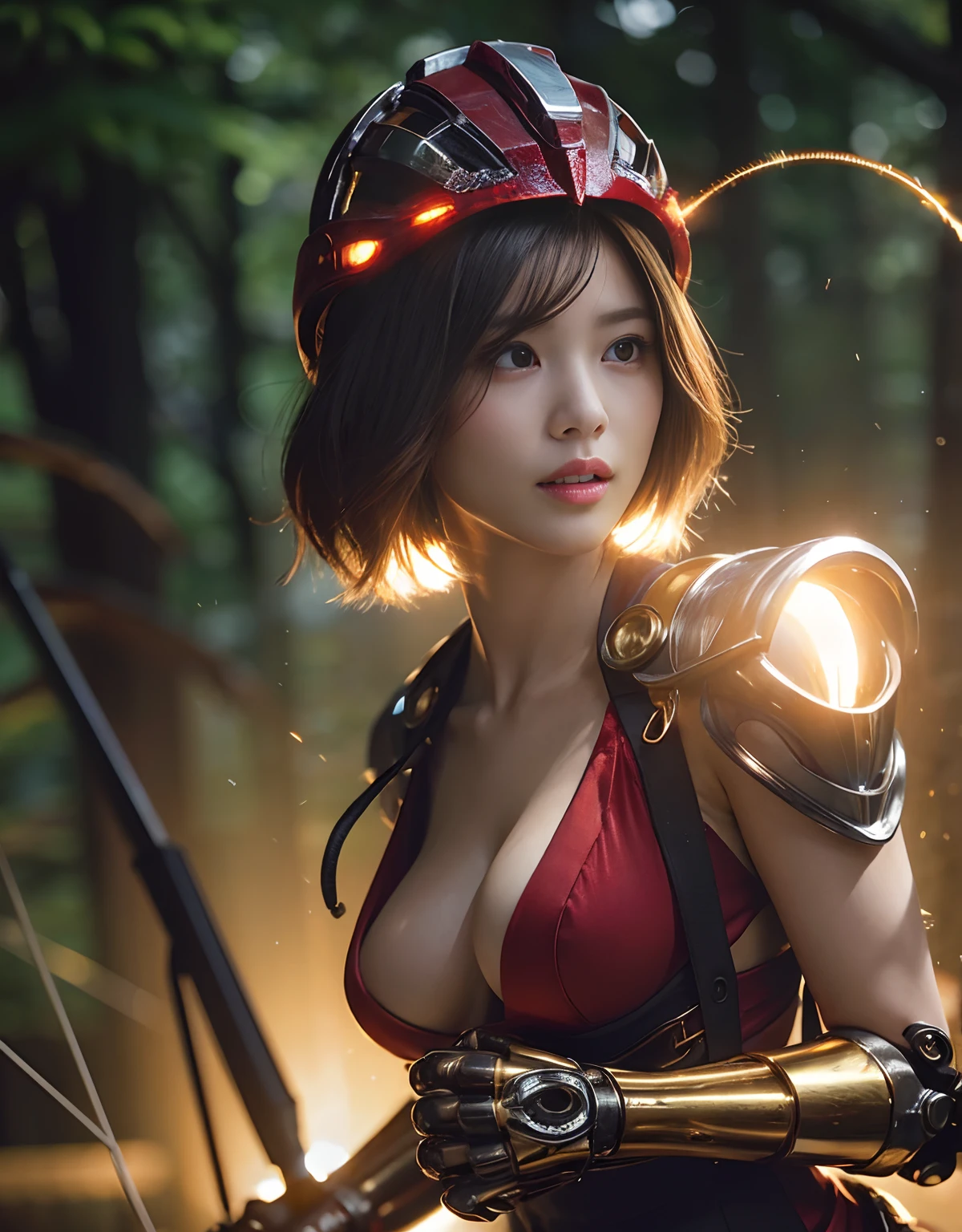 (Fierce battle with aliens)、top-quality、​masterpiece、超A high resolution、(Photorealsitic:1.4)、Raw photo、女の子1人、Golden hair、glowy skin、(((1 Mechanical Girl)))、With a beautiful knife、（Red Metal Bodysuit）、（Please wear a mechanical helmet）、(beautiful forest background)、Precipitous cliffs、(Small LED)、((super realistic details))、portlate、globalillumination、Shadow、octan render、（One-Eyed Scouter）、8K、ultrasharp、Colossal tits、Raw skin is exposed in cleavage、metals、Details of complex ornaments、Japan details、highly intricate detail、Realistic light、CGSoation Trends、Red Eyes、radiant eyes、Facing the camera、(Fierce battle with aliens)neon details、(Mechanical limbs)、(blood vessels connected to tubes)、Mechanical vertebrae attached to the back、mechanical cervical attaching to neck、(Wires and cables connecting to the head)、Gundam、Small LED、,Mechanical thighs、Toostock、（Hands are also made of machines）、（Please wear a mechanical helmet）、(Fierce battle with aliens)、