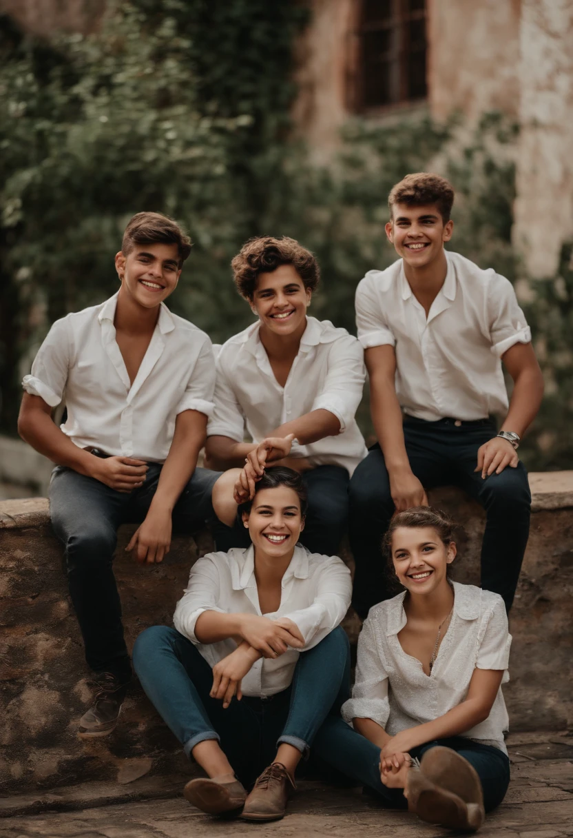 Joyful Memories of the Schoolyard
Three young women and four young men, todos com idades entre 17 e 19 anos, pose happily for an old photograph in the courtyard of an old school. A atmosfera transborda nostalgia e felicidade, capturando um momento congelado no tempo. A imagem retrata a energia jovial e a camaradagem do grupo, as they create memories of tension.