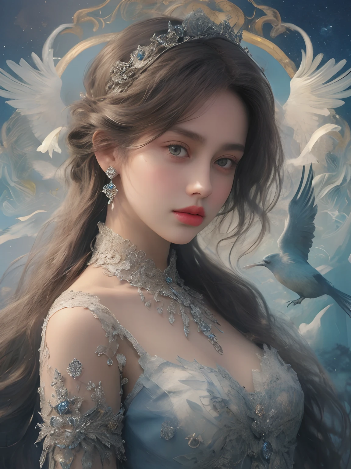 1girl,solo,Loose waves with center part ,gigantic breasts, full body, A regal military officer uniform for a princess featuring gold-trimmed epaulettes and a flowing crimson cape. opal diamond, from side, gem, grey eyes, hair ornament, jewelry,