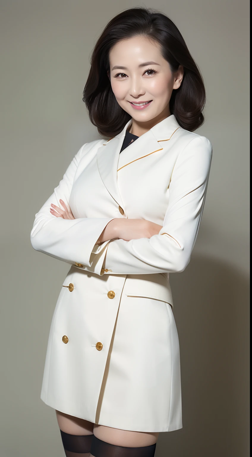 Masterpiece,Best quality, (maam. clerk:1), ((Portrait:1.3)), Cross arms, Smile,Light-colored professional attire,Long legs,skin hyper-detail,Clear pores,in a panoramic view,Cocked buttocks,black lence stockings,Beautiful young Japanese woman over 40 years old, Perfect face, Fantastic look, (Detailed facial features), Clean and nice face